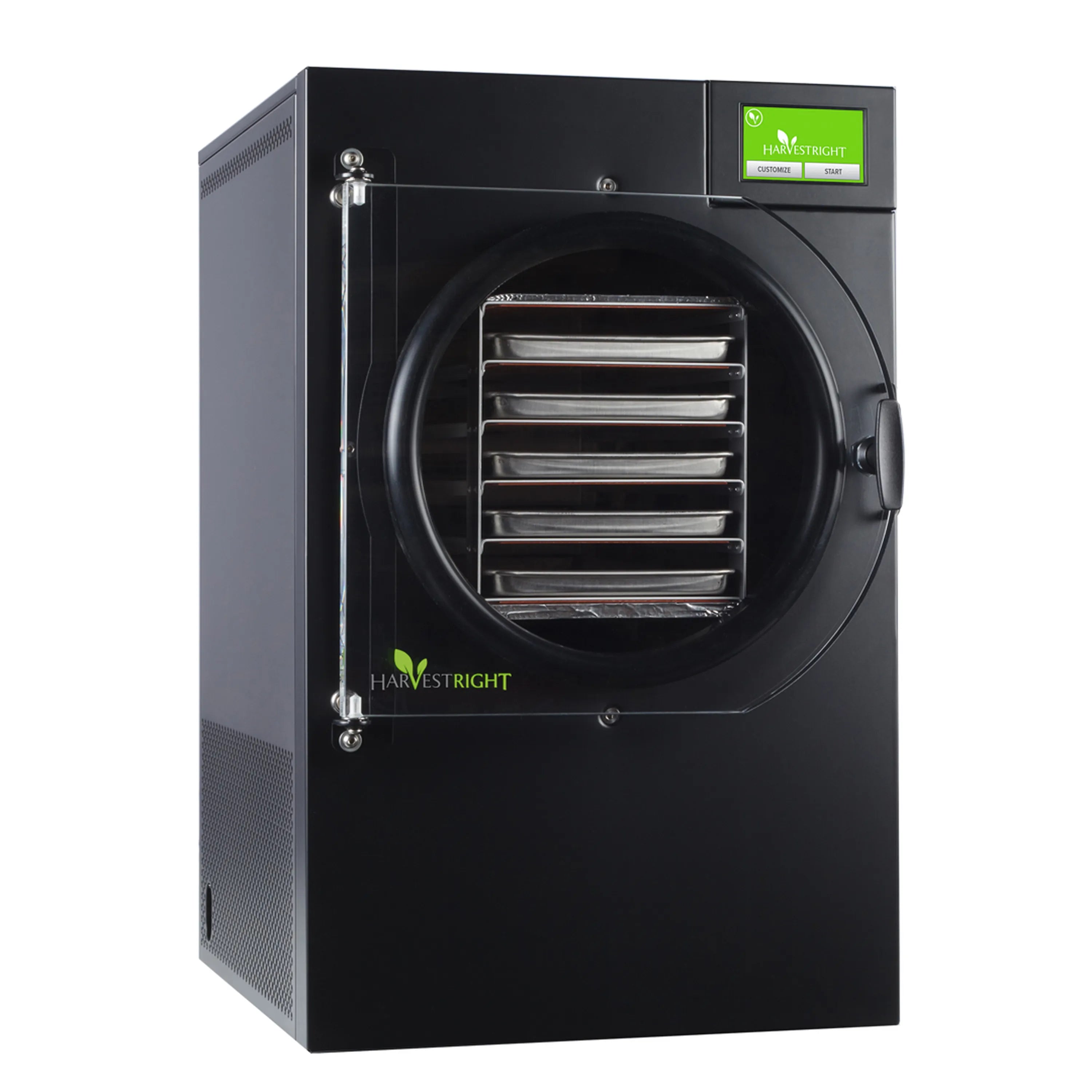 Black home freeze dryer with open side panel and round chamber door