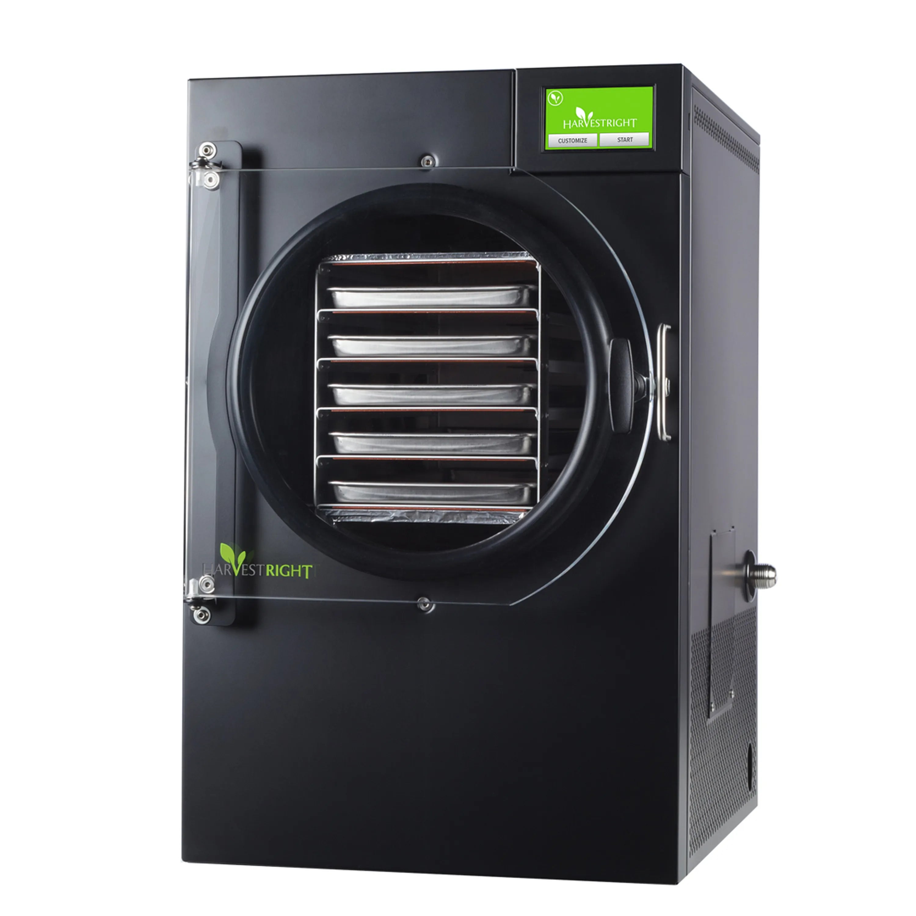 Black home freeze dryer with open access door and round chamber window