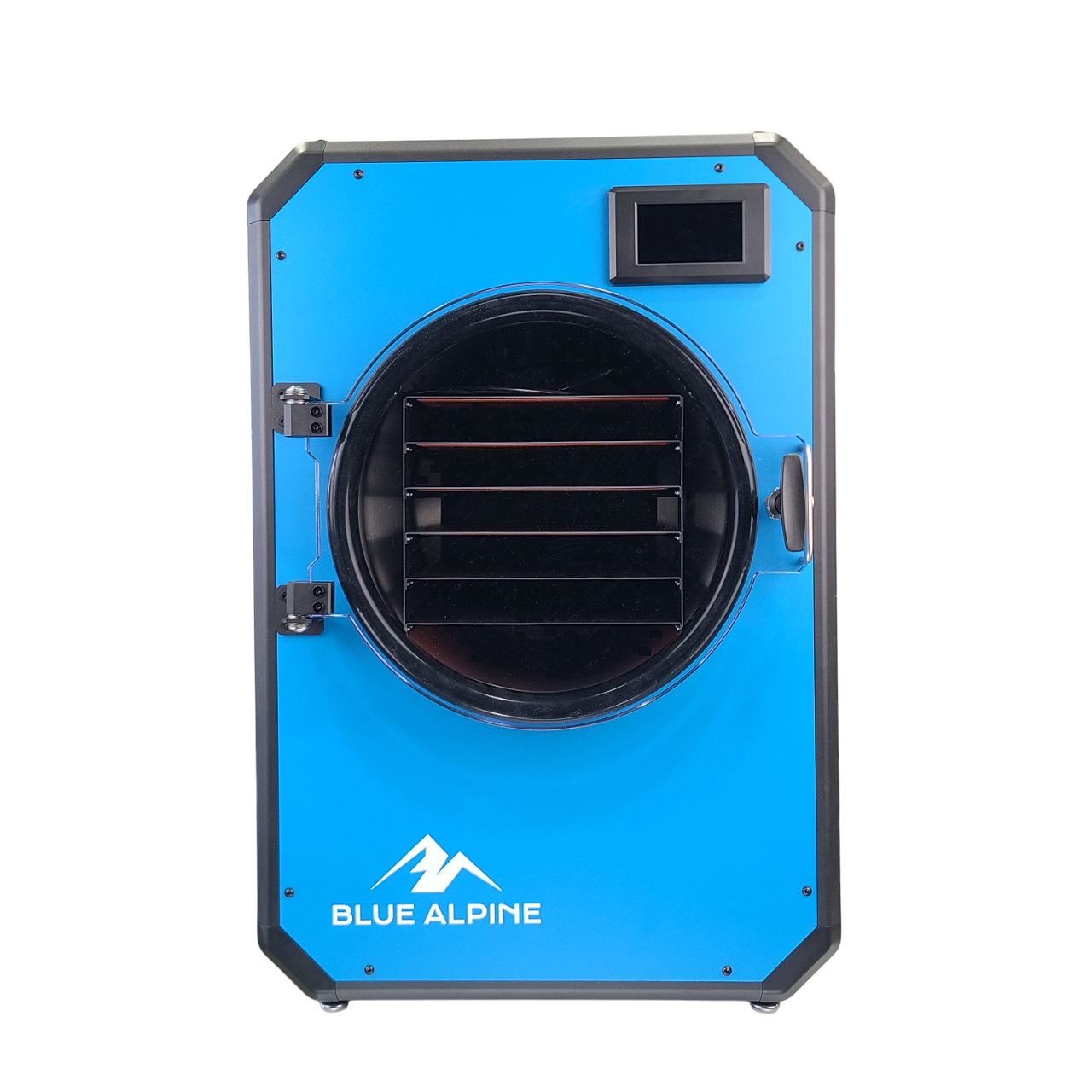 Sky blue freeze dryer with round front door and control display, front view.