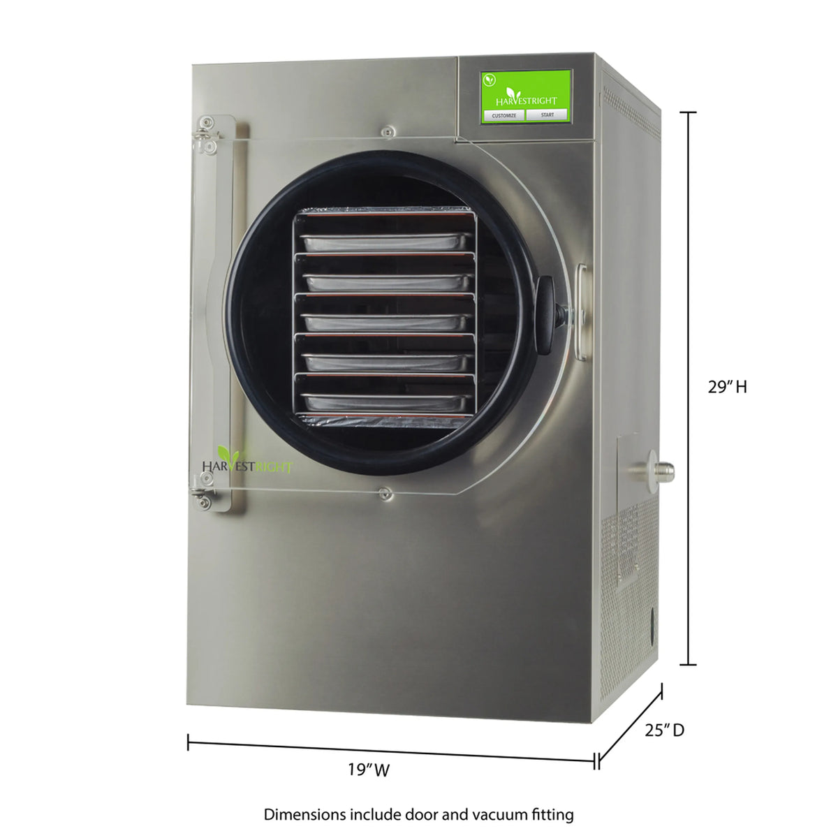 Stainless steel freeze dryer shown with front door handle and size dimensions