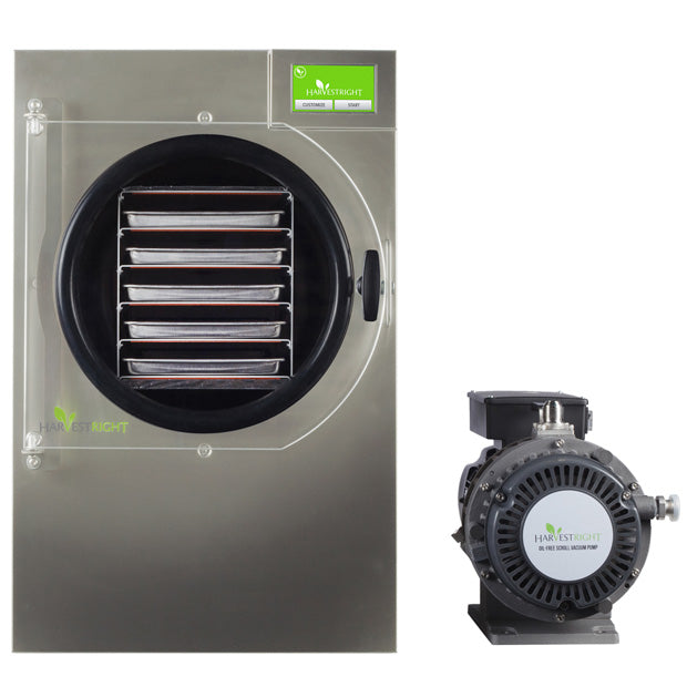 Stainless steel freeze dryer with circular door and black tray insert; pump included