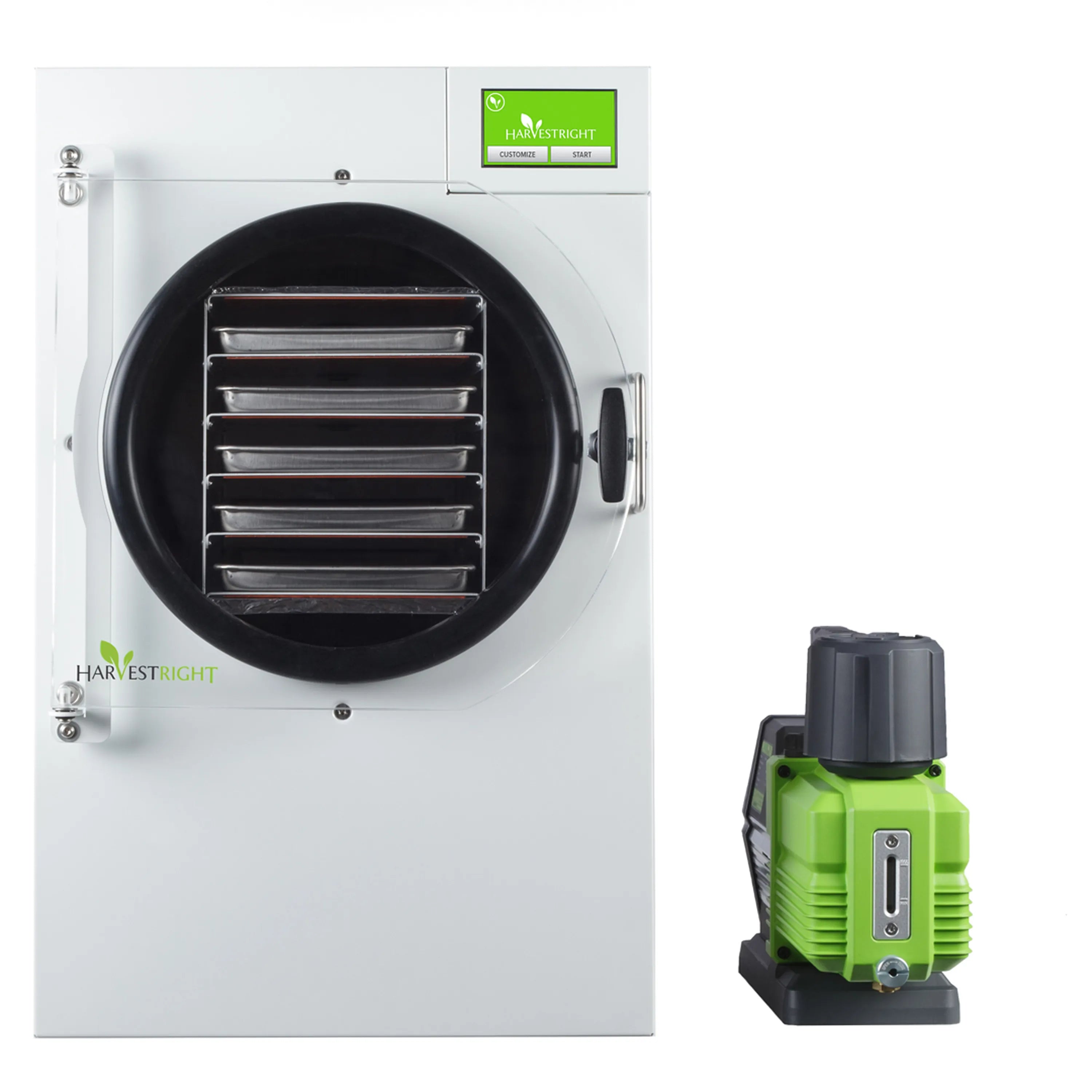 White freeze dryer cabinet with round chamber and green vacuum pump unit
