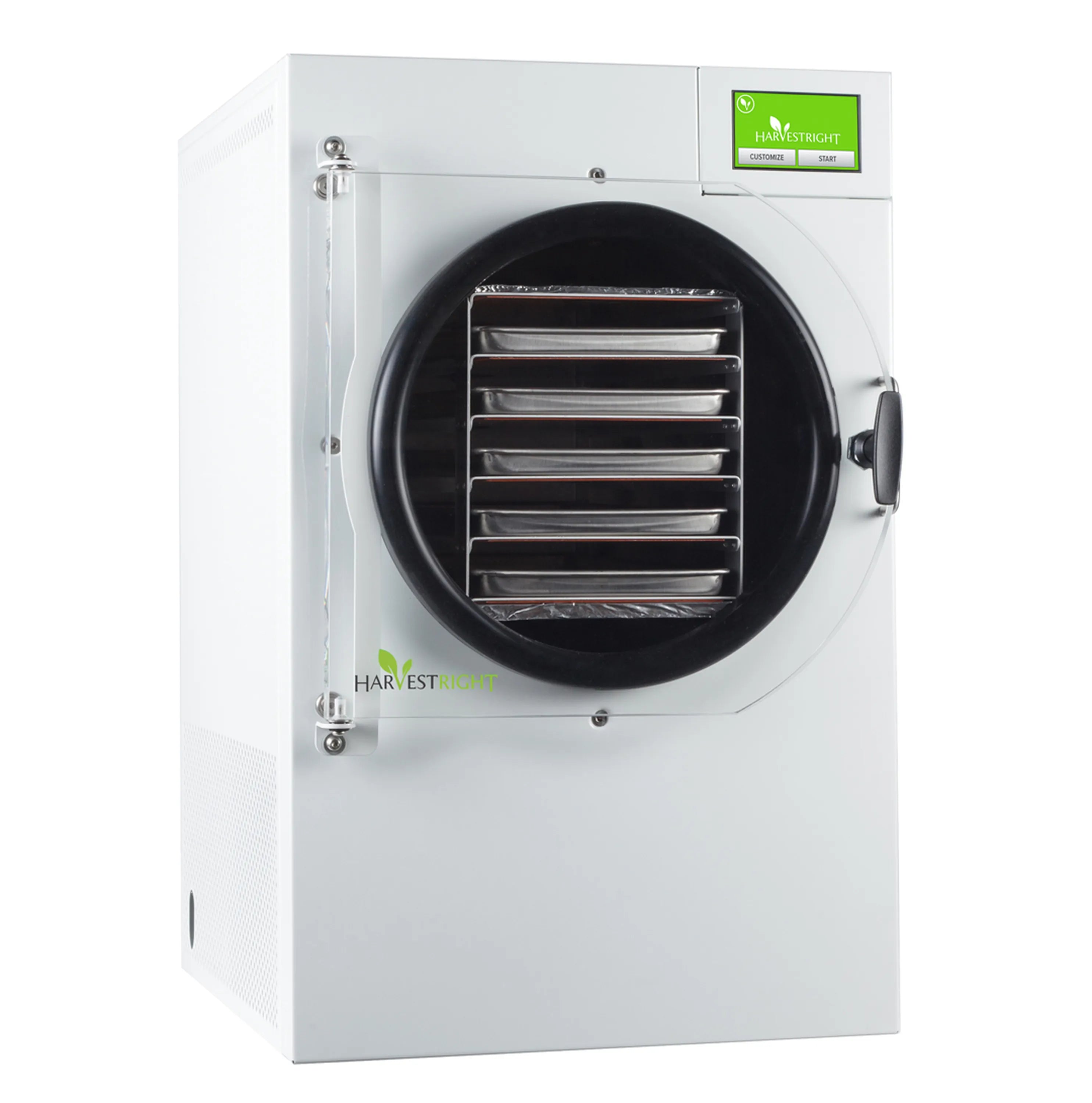 White freeze dryer with round black chamber and five metal tray runners