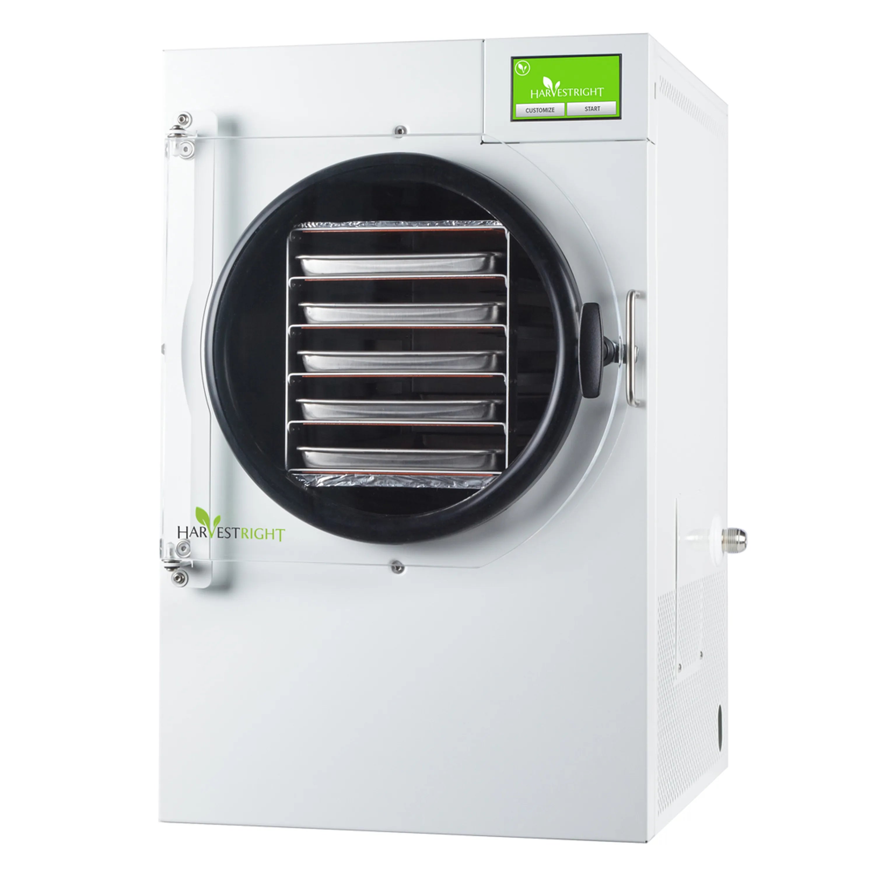 White freeze dryer front with round black chamber and side latch handle