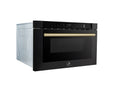 Forno Antico 5-Piece Appliance Package - 36-Inch Dual Fuel Range, 36-Inch Hood, 36-Inch Refrigerator, 24-Inch Dishwasher, & 24-Inch Microwave Drawer in Black with Antique Brass Trim