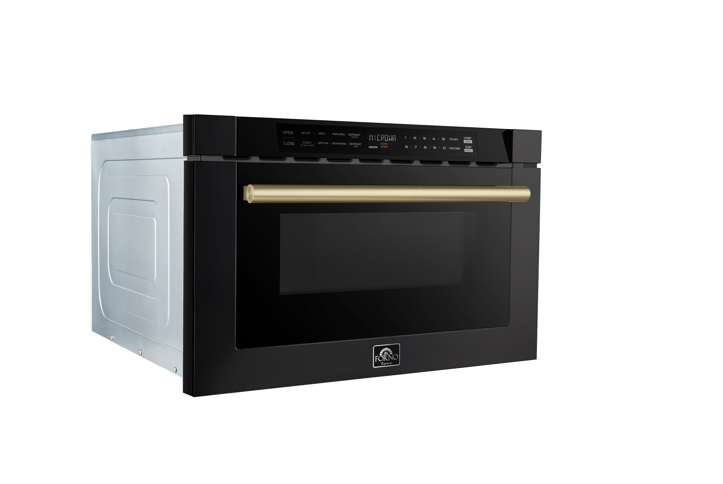 Black microwave drawer with gold handle and open cabinet side panels