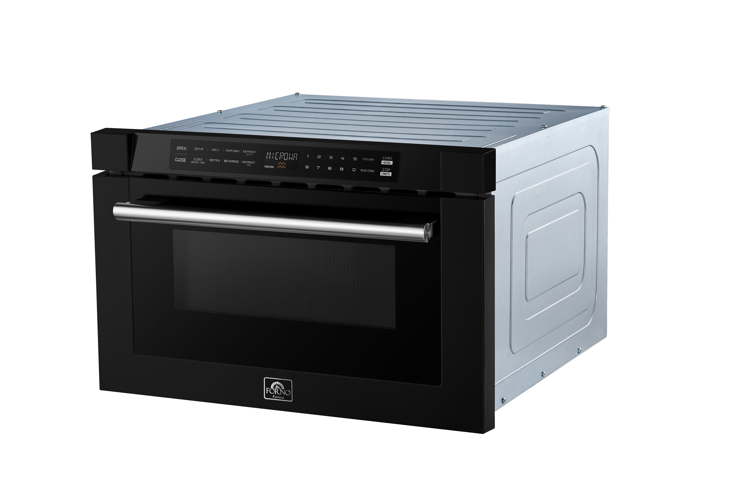 Black microwave drawer with stainless side panel and extended open drawer