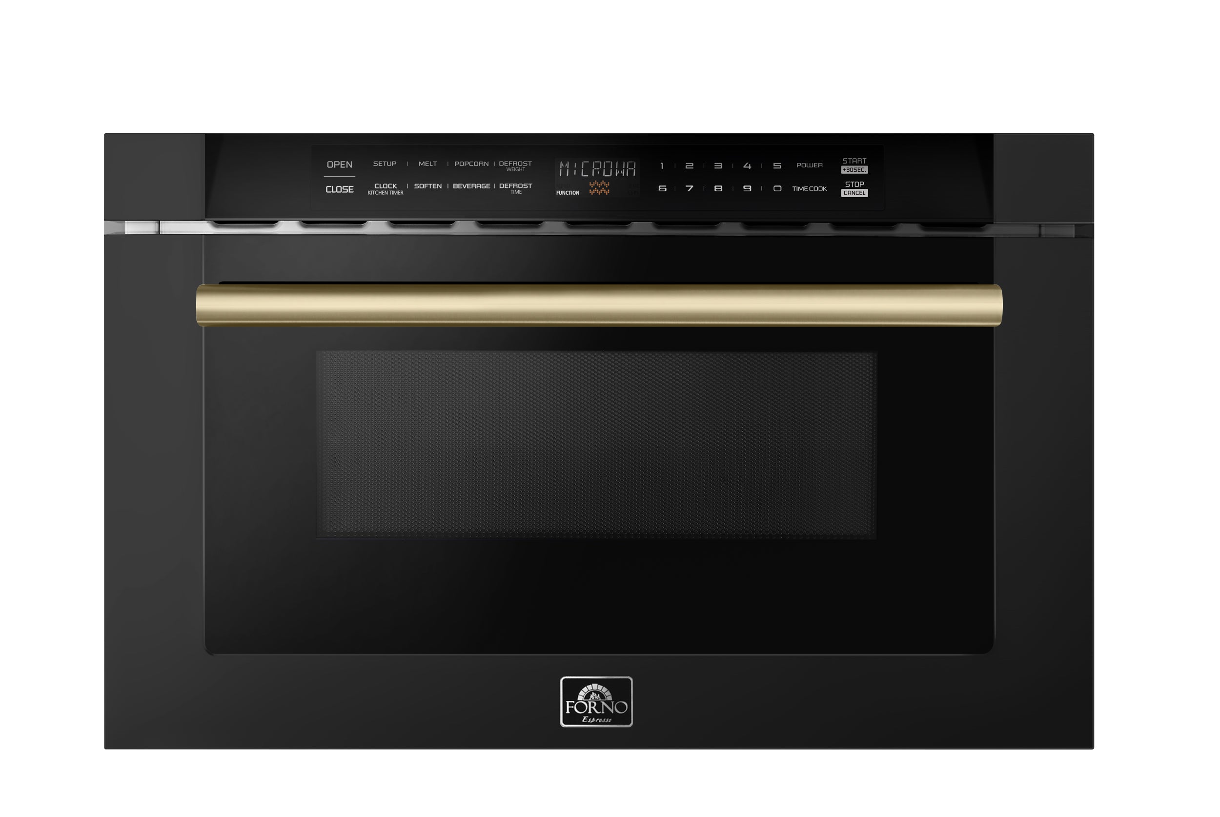 Black microwave drawer front with antique brass bar handle and control panel