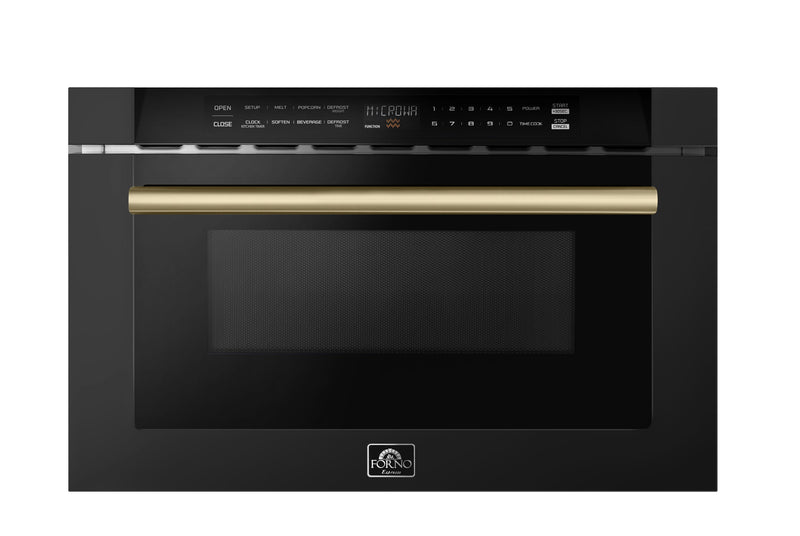 Forno 5-Piece Appliance Package - 30-Inch Gas Range, Under Cabinet Range Hood,  French Door Refrigerator, Dishwasher, and  Microwave Drawer in Black with Antique Brass Trim