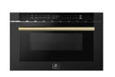 Forno Galiano 5-Piece Appliance Package - 36-Inch Dual Fuel Range, 36-Inch Hood, 36-Inch Refrigerator, 24-Inch Dishwasher, & 24-Inch Microwave Drawer in Black with Antique Brass Trim
