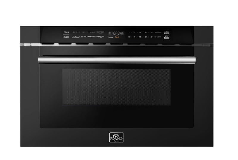 Forno Galiano 5-Piece Appliance Package - 36-Inch Gas Range, 36-Inch Hood, 36-Inch Refrigerator, 24-Inch Dishwasher, & 24-Inch Microwave Drawer in Black with Antique Brass Trim
