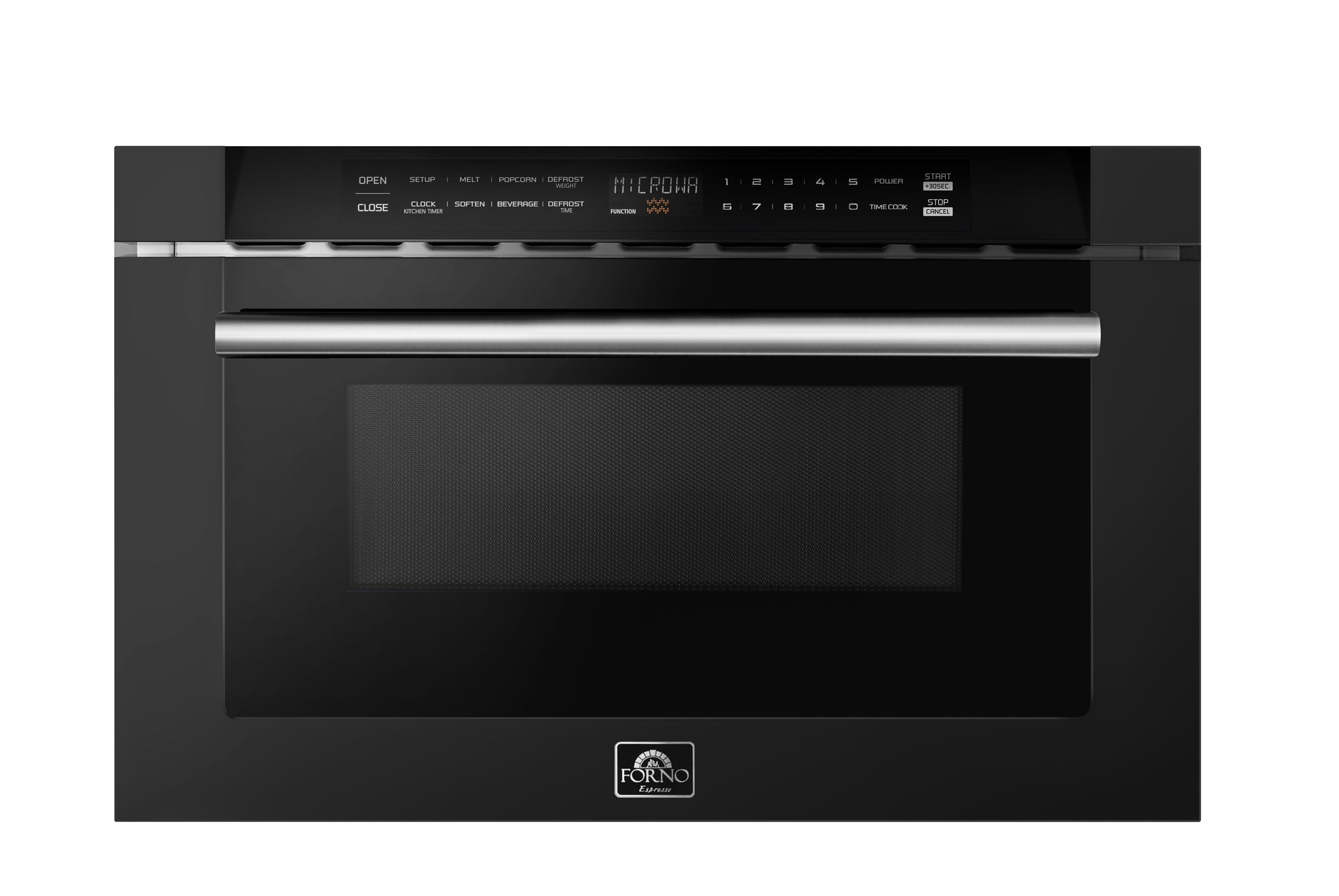 Black microwave drawer front with control panel and viewing window