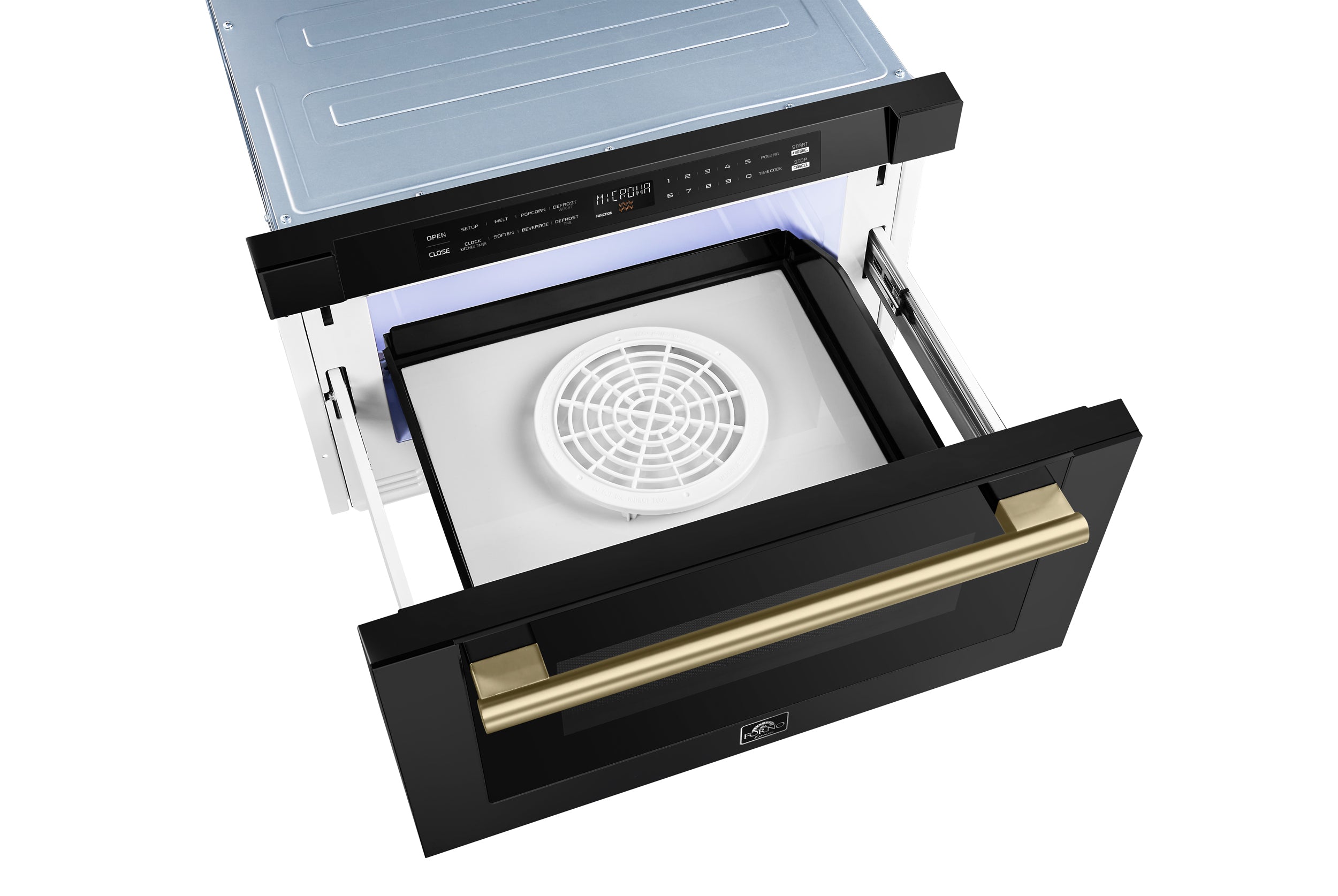 Black microwave drawer open showing interior turntable and fan, gold handle