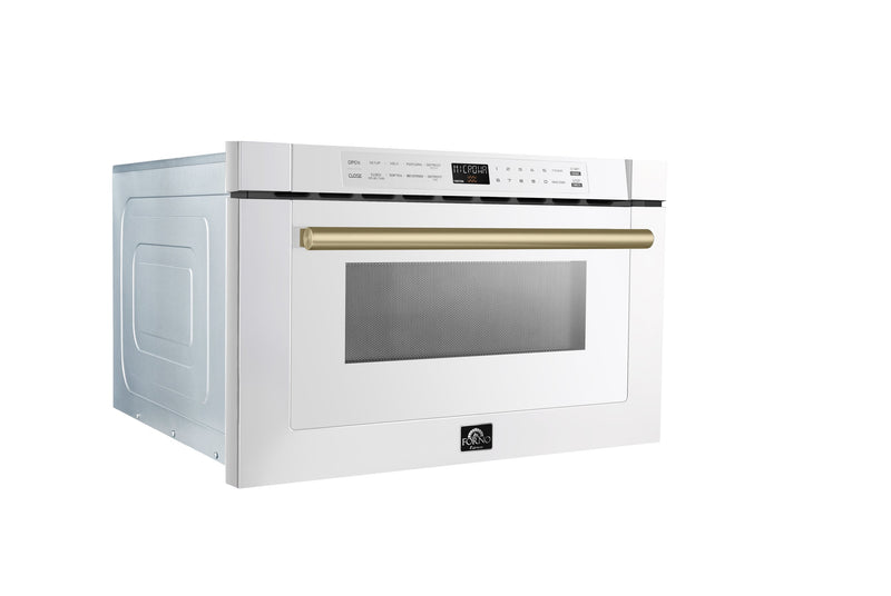 Forno 5-Piece Appliance Package - 48-Inch Galiano Gas Range, Wall Mount Range Hood, 60-Inch Refrigerator, Dishwasher, & 24-Inch Microwave Drawer in White with Antique Brass Handle