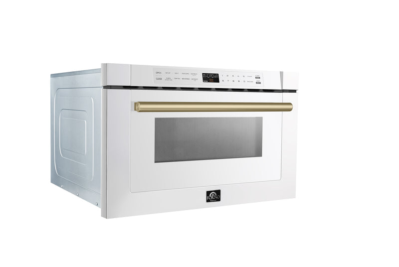 Forno Galiano 5-Piece Appliance Package - 36-Inch Gas Range, 36-Inch Hood, 36-Inch Refrigerator, 24-Inch Dishwasher, & 24-Inch Microwave Drawer in White with Antique Brass Trim