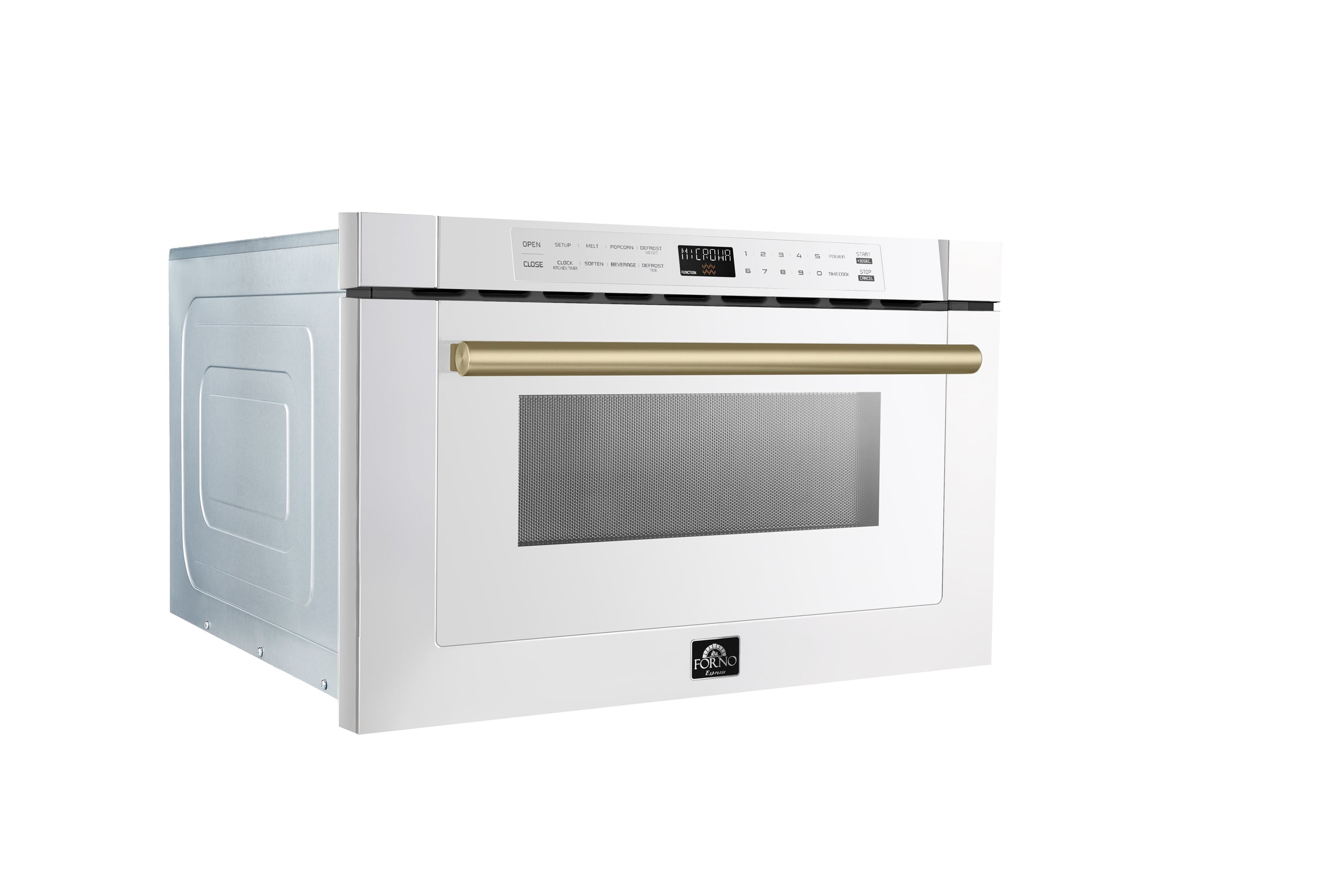 White microwave drawer with antique brass handle and dark glass viewing window