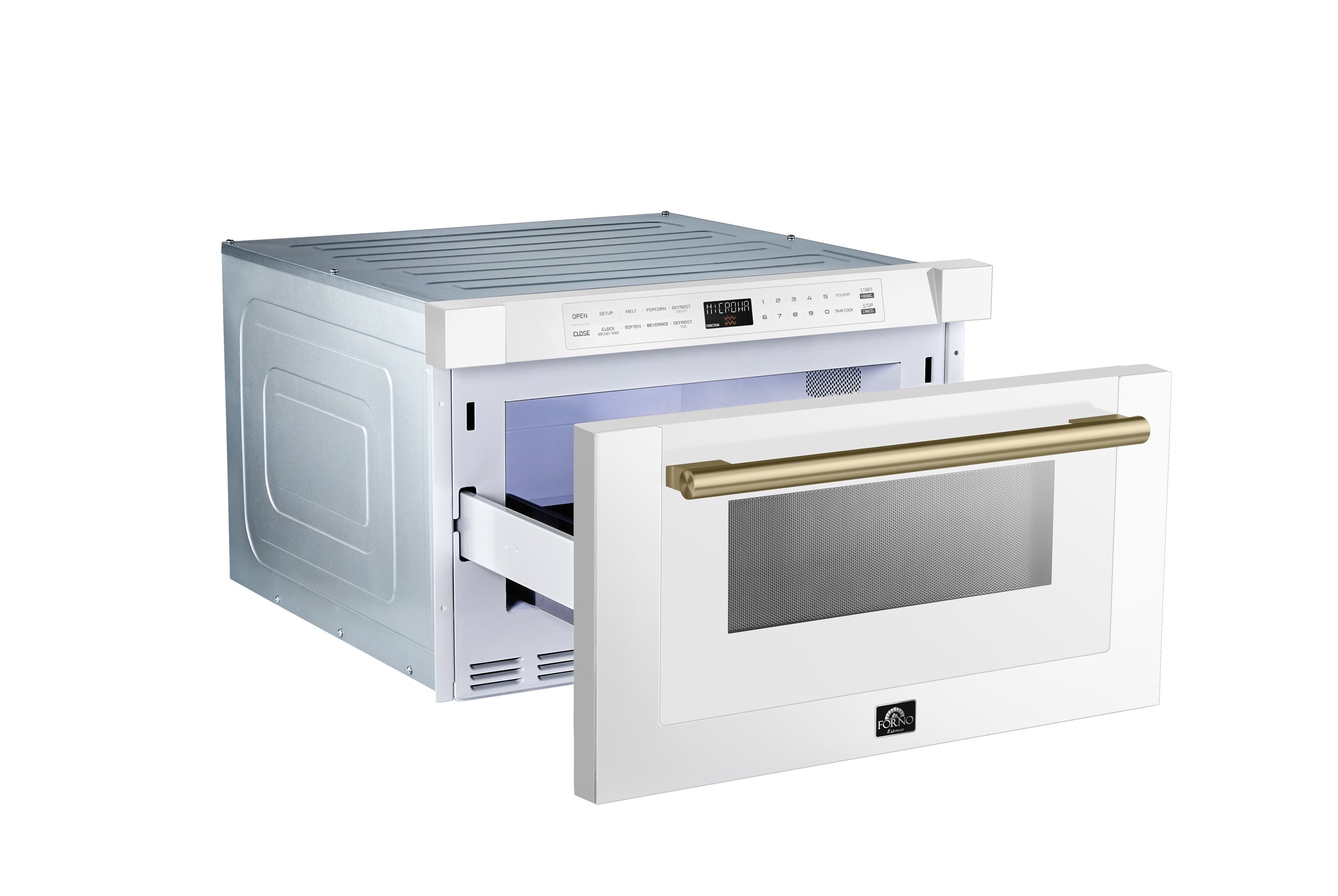 White microwave drawer open, showing stainless cavity and antique brass handle