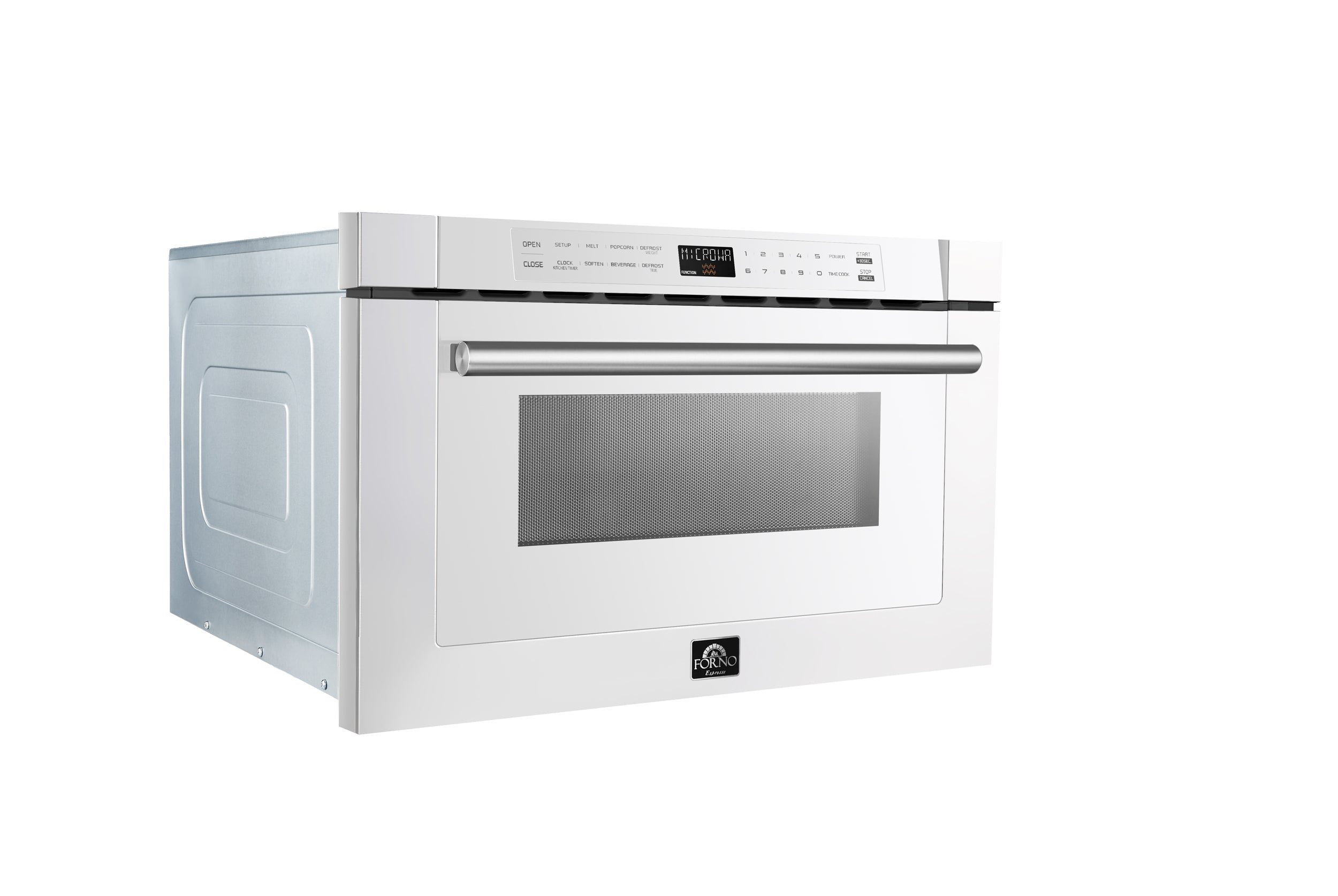 White 24-inch microwave drawer with stainless handle and closed dark window