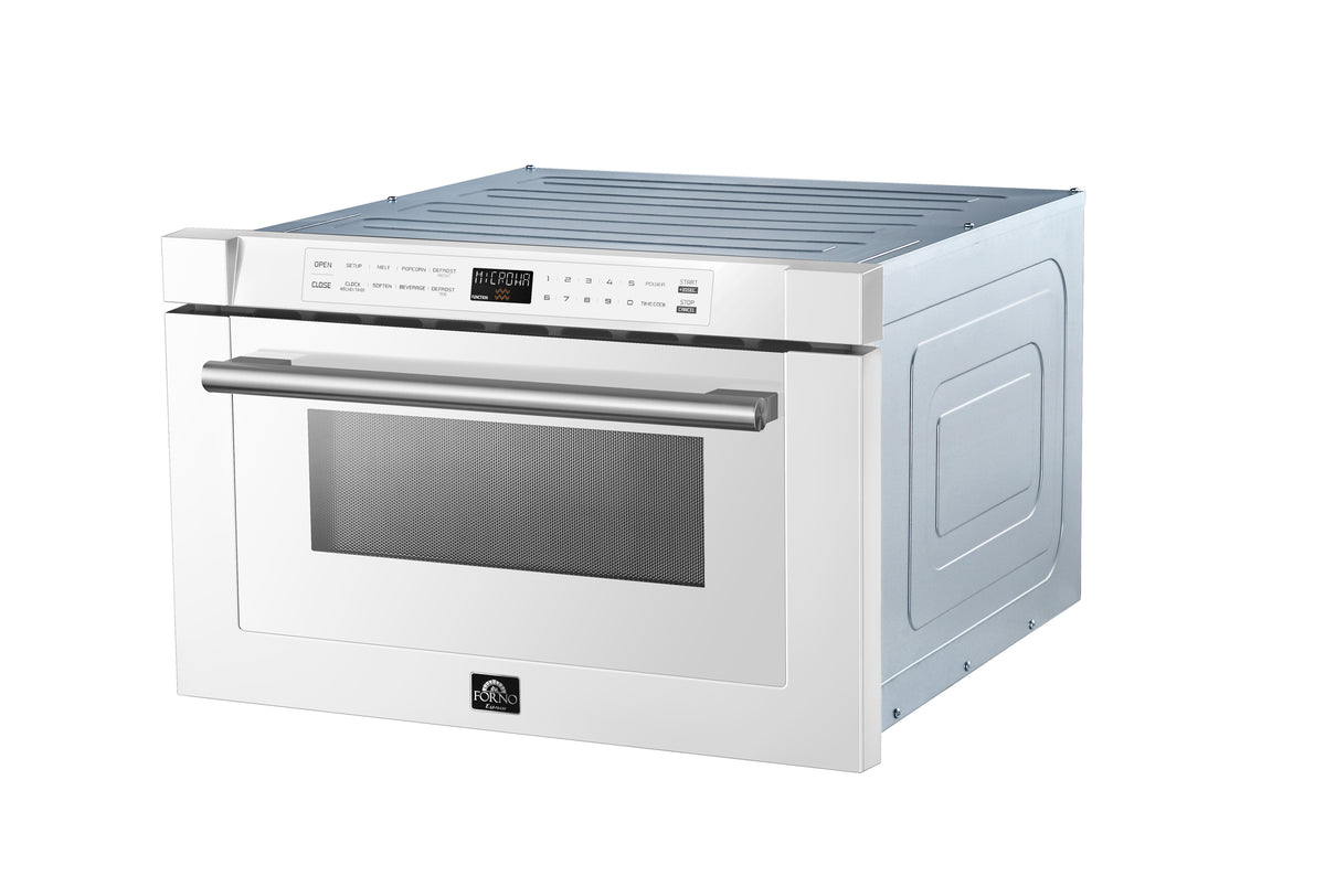 White 24-inch microwave drawer, side view, stainless handle and open door