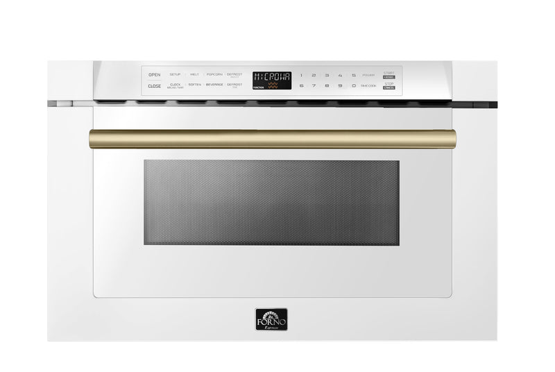 Forno 5-Piece Appliance Package - 48-Inch Galiano Gas Range, Wall Mount Range Hood, 60-Inch Refrigerator, Dishwasher, & 24-Inch Microwave Drawer in White with Antique Brass Handle