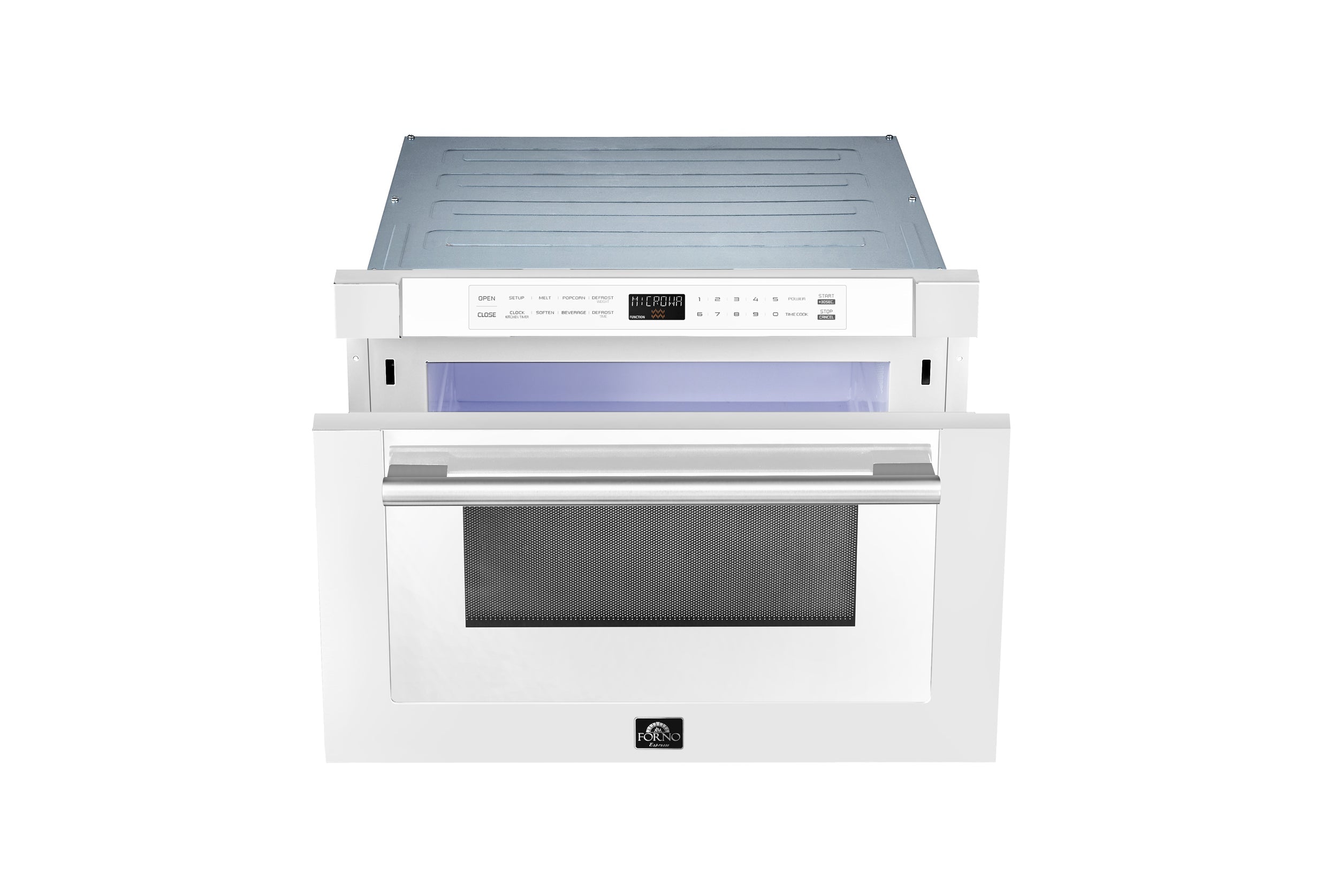 White microwave drawer open, showing illuminated interior and stainless front panel