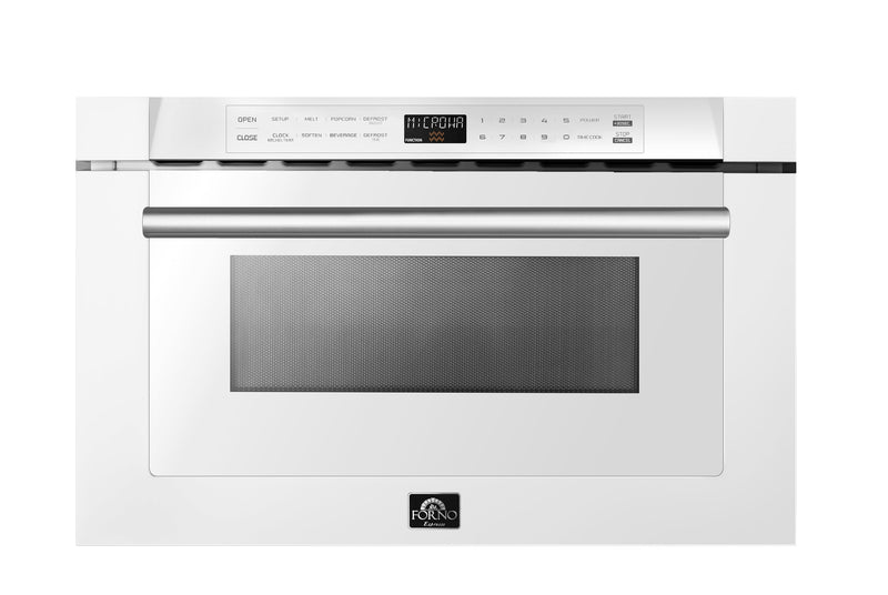 Forno Galiano 5-Piece Appliance Package - 48-Inch Gas Range, 48-Inch Hood, 36-Inch Refrigerator, 24-Inch Dishwasher, & 24-Inch Microwave Drawer in White with Antique Brass Trim