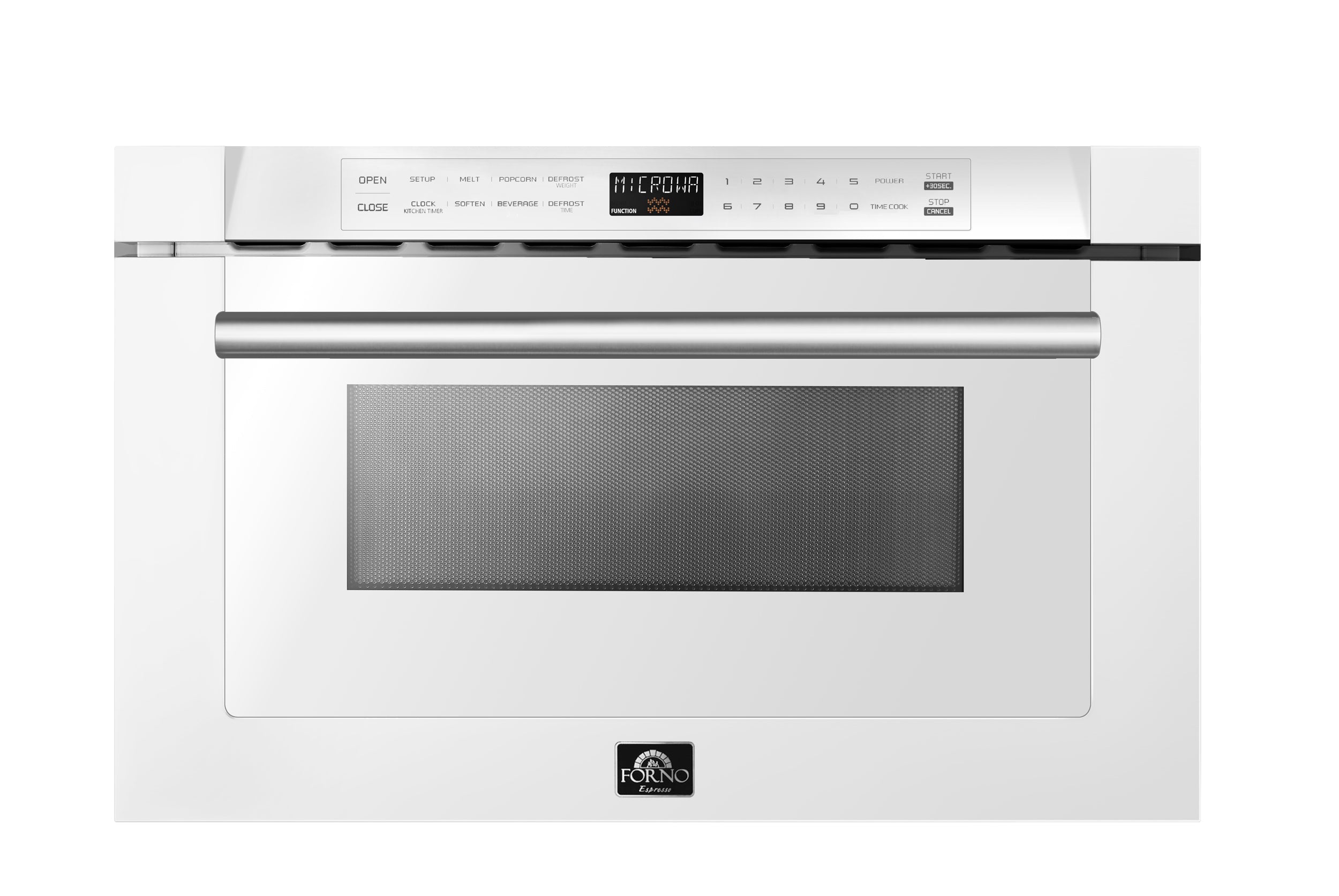 White microwave drawer with dark glass panel and stainless handle
