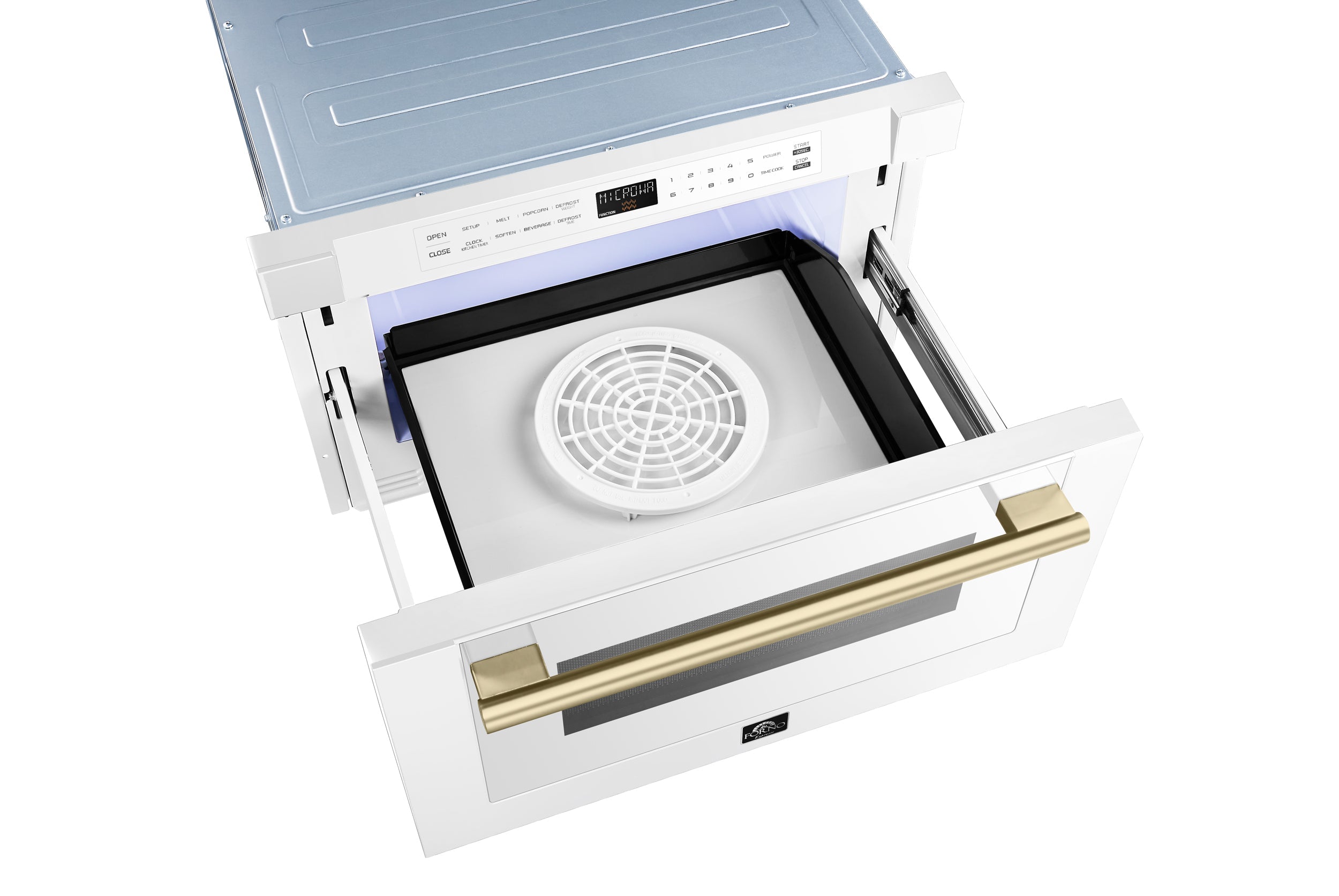 White microwave drawer with open door and circular interior fan grille