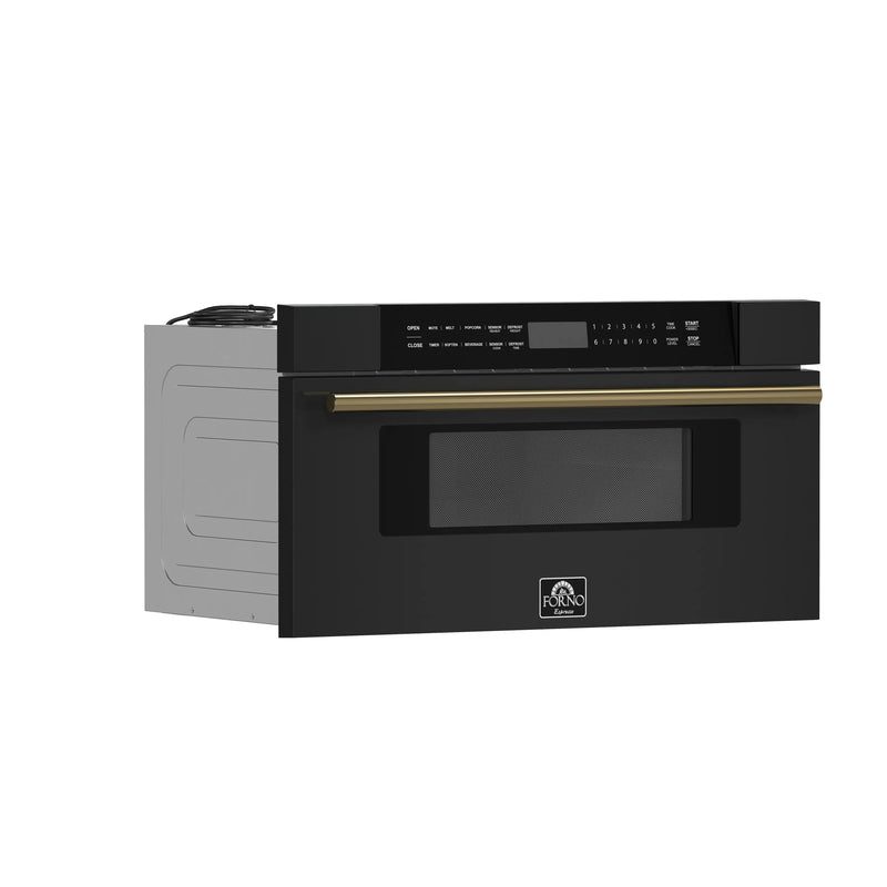 Forno Antico 5-Piece Appliance Package - 36-Inch Dual Fuel Range, 36-Inch Hood, 36-Inch Refrigerator, 24-Inch Dishwasher, & 30-Inch Microwave Drawer in Black with Antique Brass Trim
