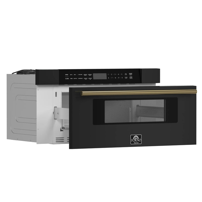 Forno Antico 5-Piece Appliance Package - 36-Inch Dual Fuel Range, 36-Inch Hood, 36-Inch Refrigerator, 24-Inch Dishwasher, & 30-Inch Microwave Drawer in Black with Antique Brass Trim