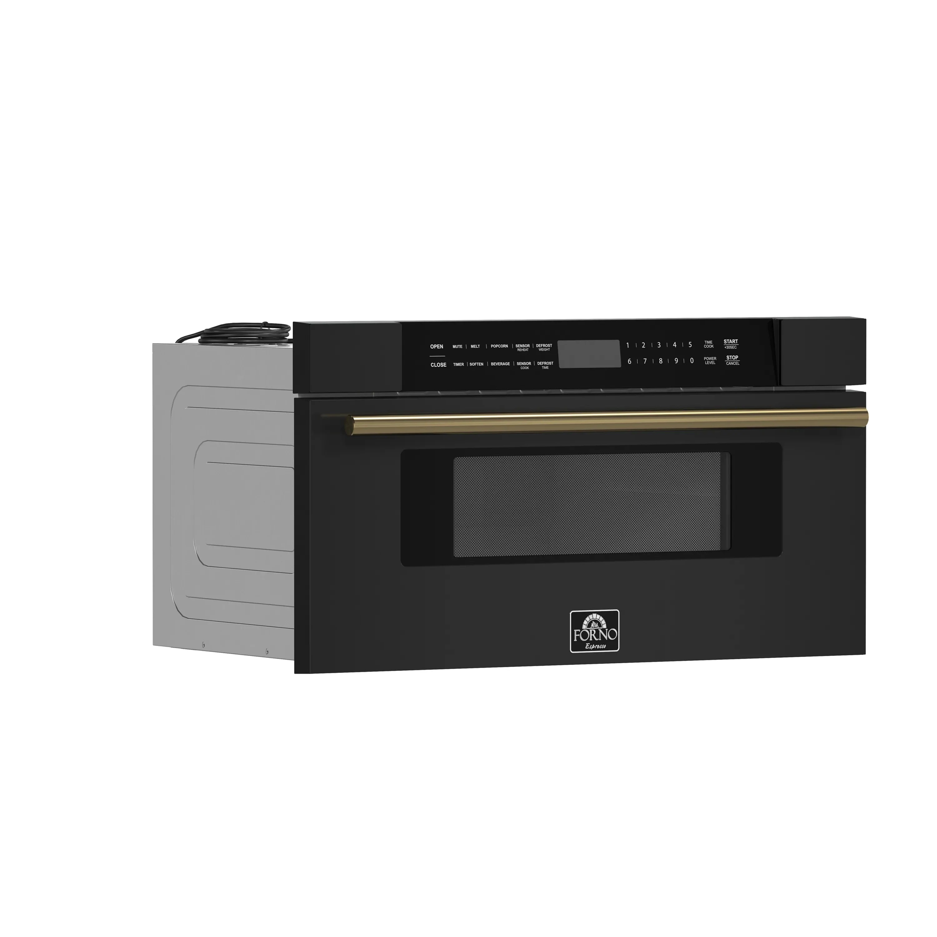 Black microwave drawer with display controls and antique brass handle trim