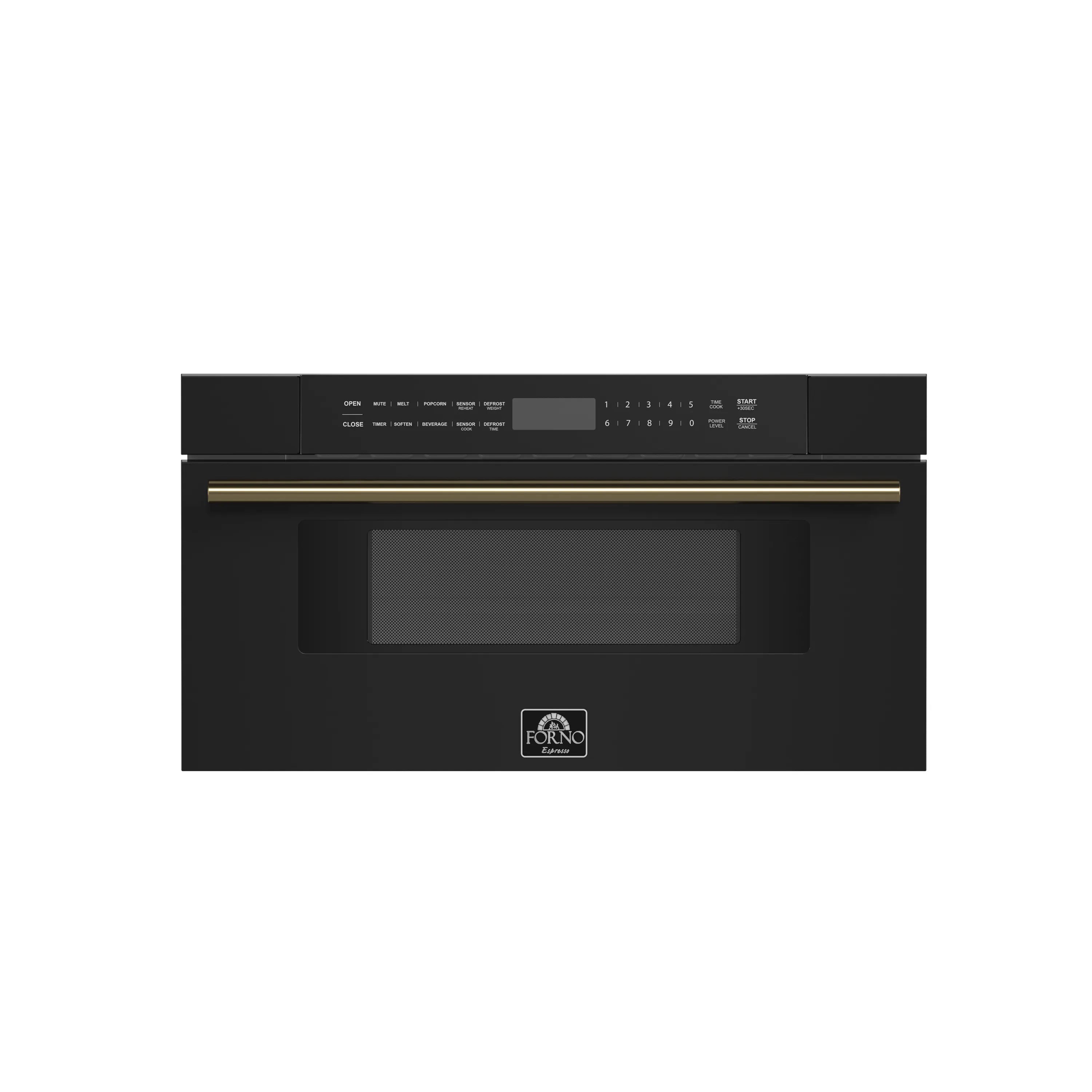 Black microwave drawer front view with screen window and antique brass trim