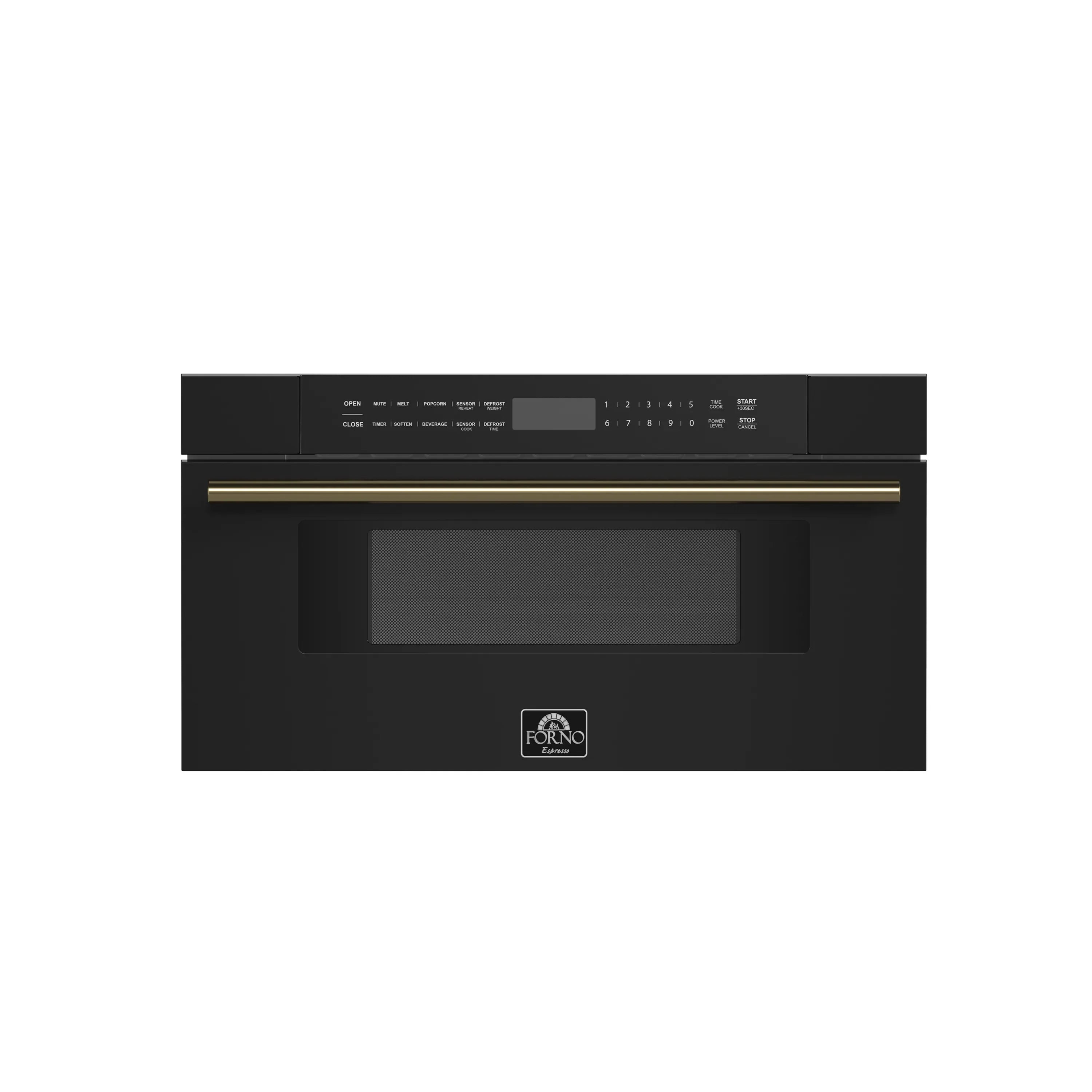 Black microwave drawer with control panel, display window, and antique brass handle