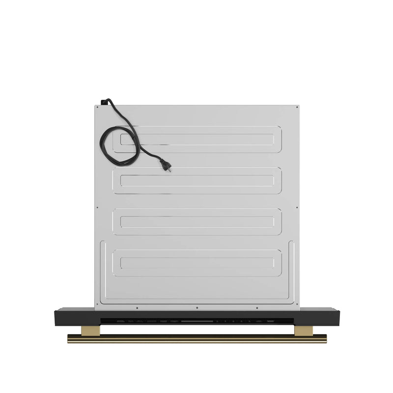 Forno Antico 5-Piece Appliance Package - 36-Inch Dual Fuel Range, 36-Inch Hood, 36-Inch Refrigerator, 24-Inch Dishwasher, & 30-Inch Microwave Drawer in Black with Antique Brass Trim