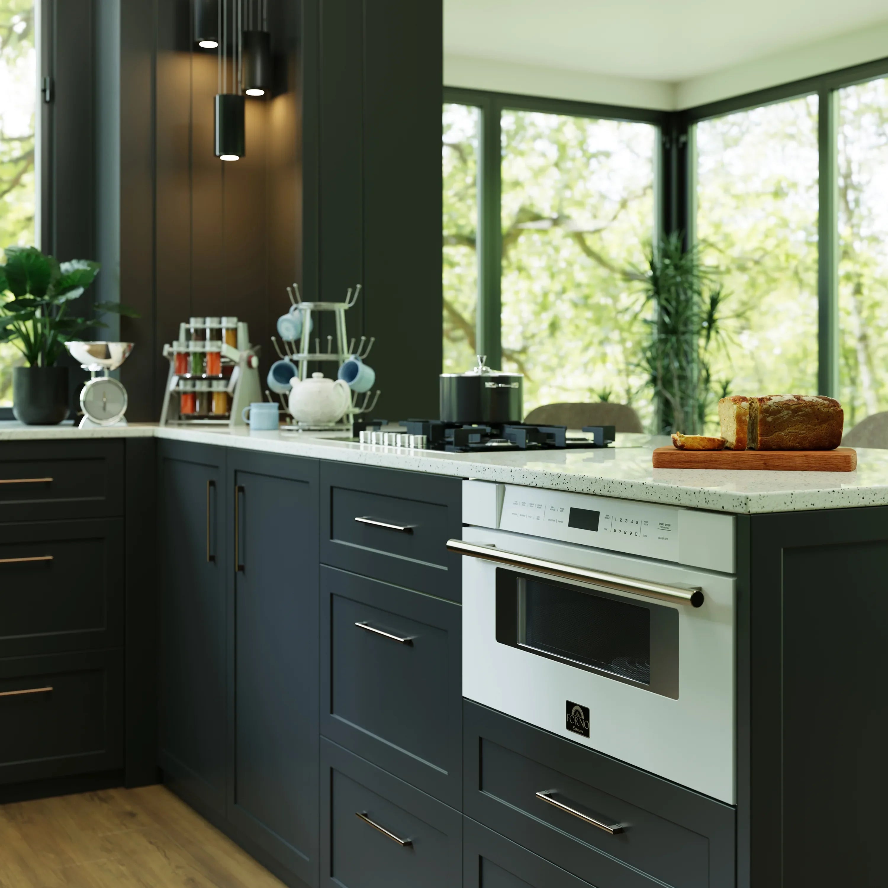 White built-in oven with dark glass door in a kitchen cabinet layout