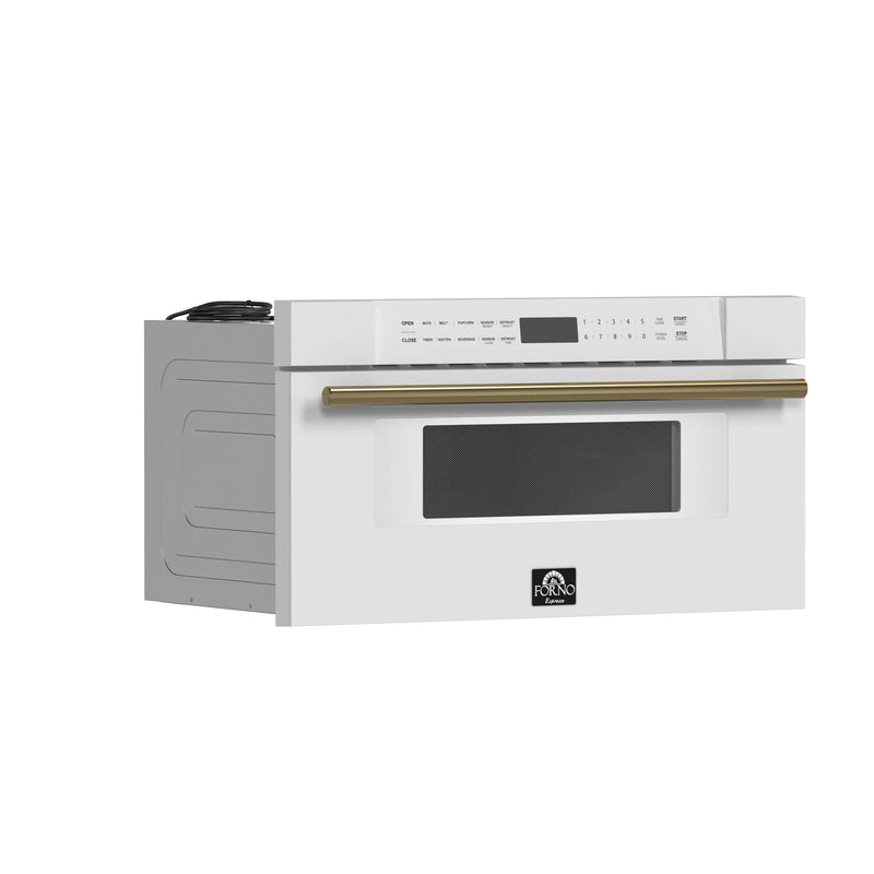 Forno Galiano 5-Piece Appliance Package - 36-Inch Dual Fuel Range, 36-Inch Hood, 36-Inch Refrigerator, 24-Inch Dishwasher, & 30-Inch Microwave Drawer in White with Antique Brass Trim