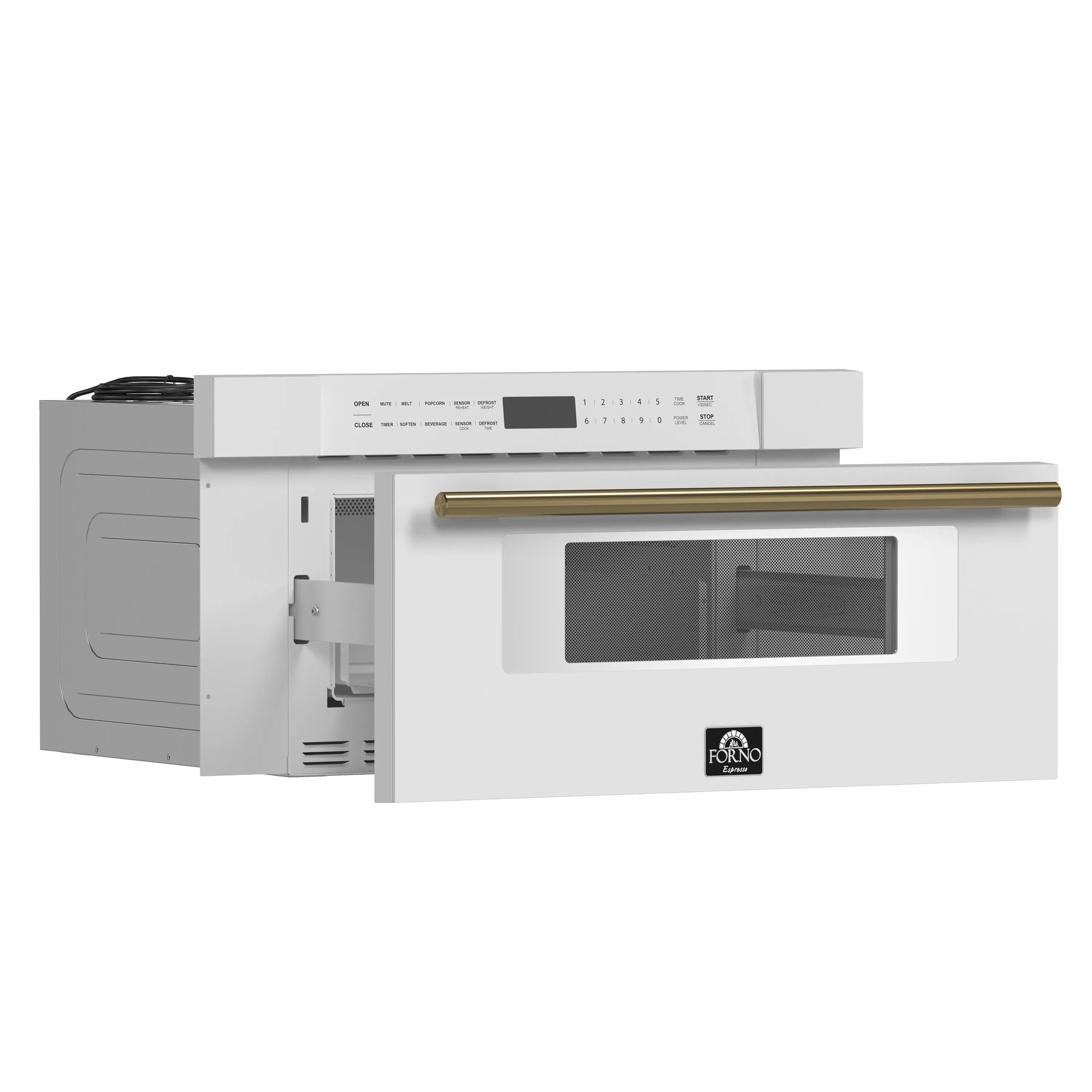 White built-in oven with open side panel showing door and brass-finish handle bar