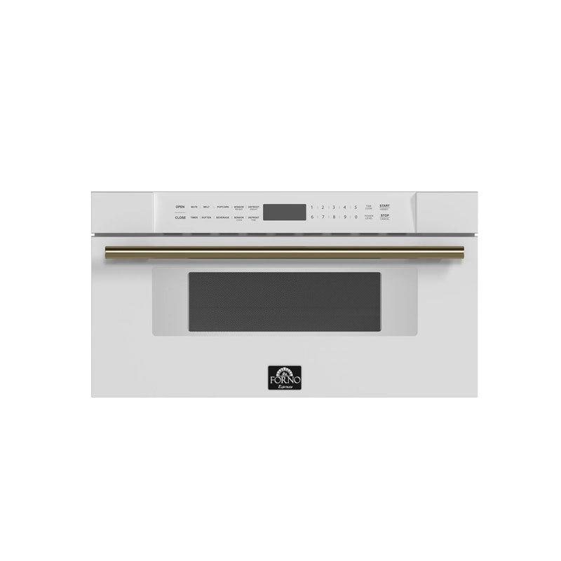 Forno Galiano 5-Piece Appliance Package - 48-Inch Gas Range, 48-Inch Hood, 36-Inch Refrigerator, 24-Inch Dishwasher, & 30-Inch Microwave Drawer in White with Antique Brass Trim