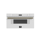 Forno 5-Piece Appliance Package - 36-Inch Antico Dual Fuel Range, Wall Mount Range Hood, 60-Inch Refrigerator, Dishwasher, & 30-Inch Microwave Drawer in White with Antique Brass Handle