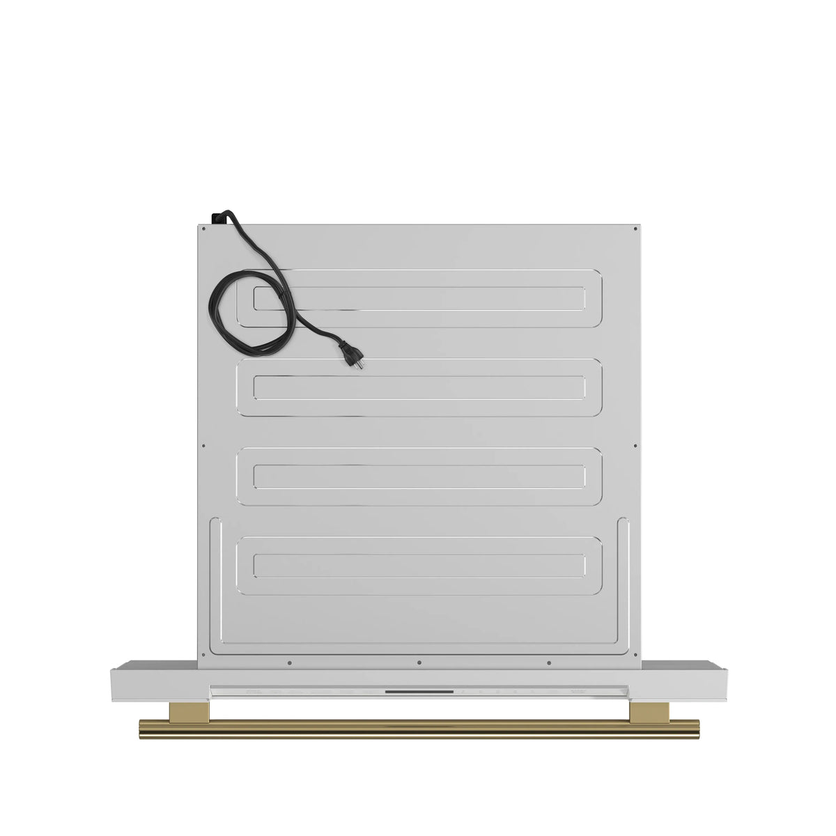 Microwave drawer underside panel with black power cord and molded metal vents
