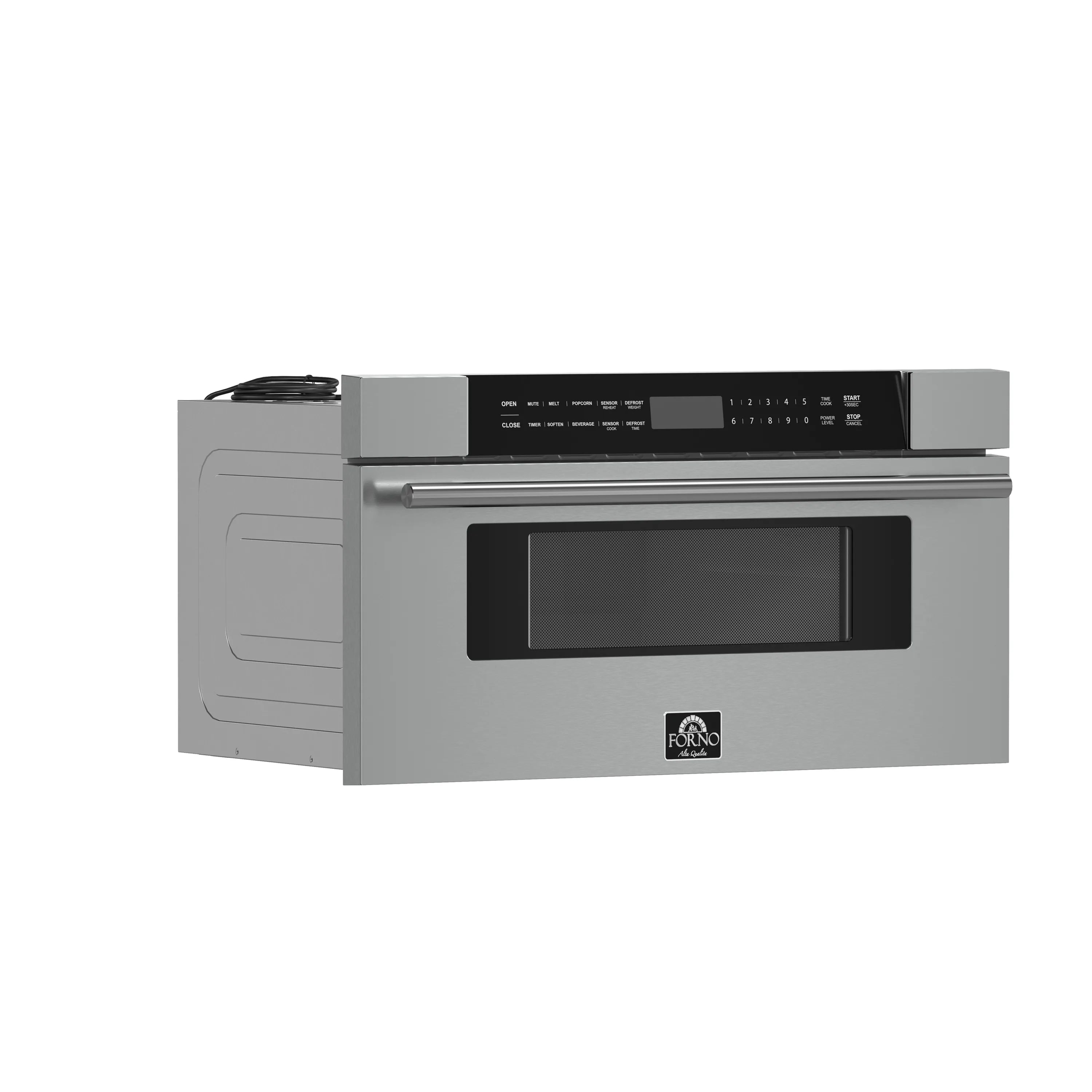 Stainless microwave drawer with black glass door and front handle