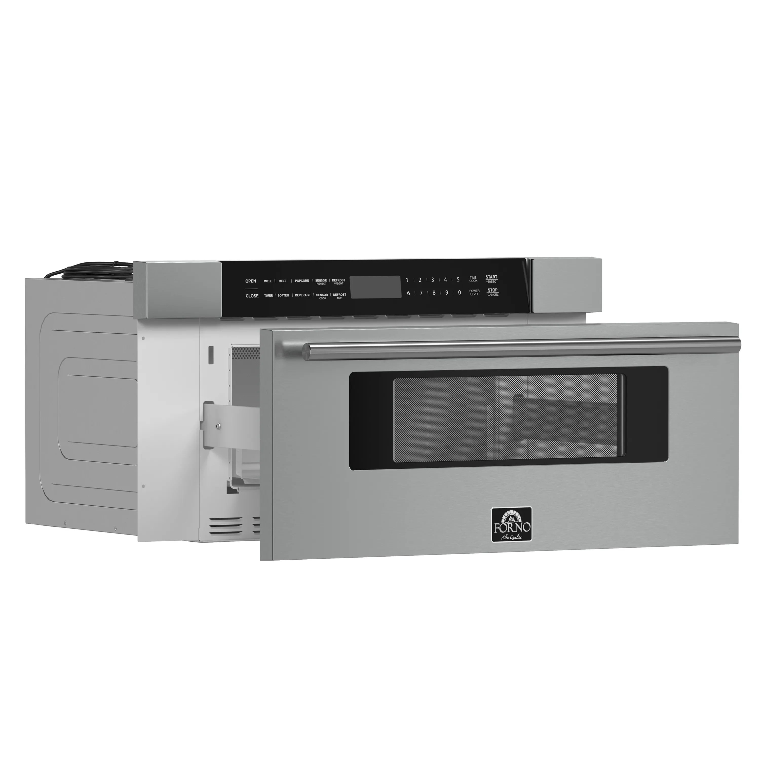 Stainless steel microwave drawer with black window and integrated side vent