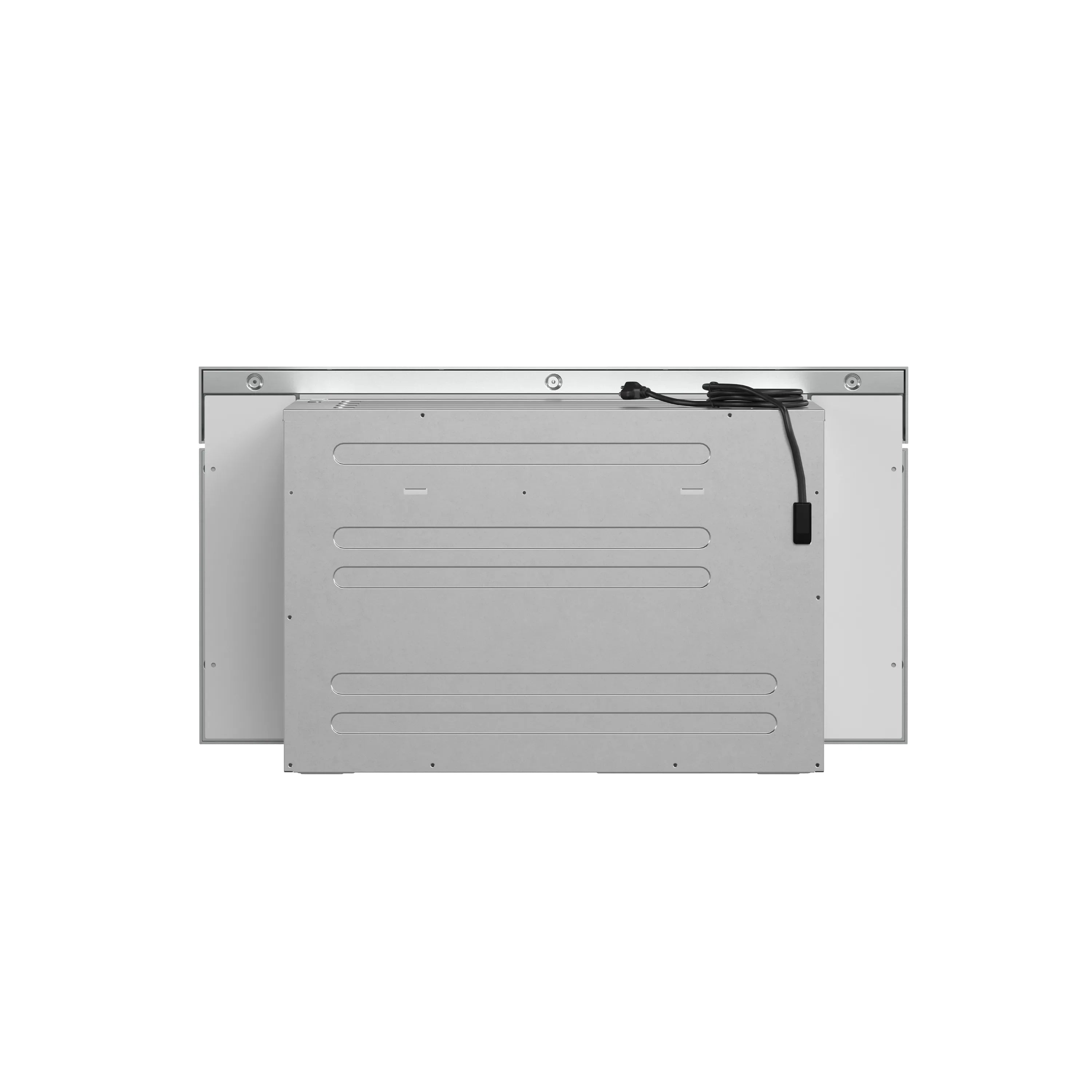 Underside view of built-in microwave drawer with mounting panel