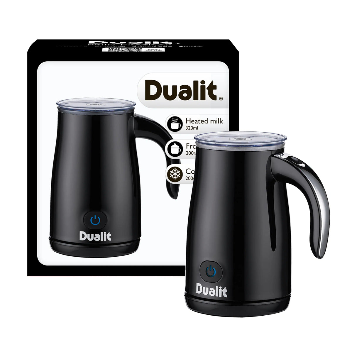 Black Dualit hot chocolate maker with handle and clear lid, product box behind