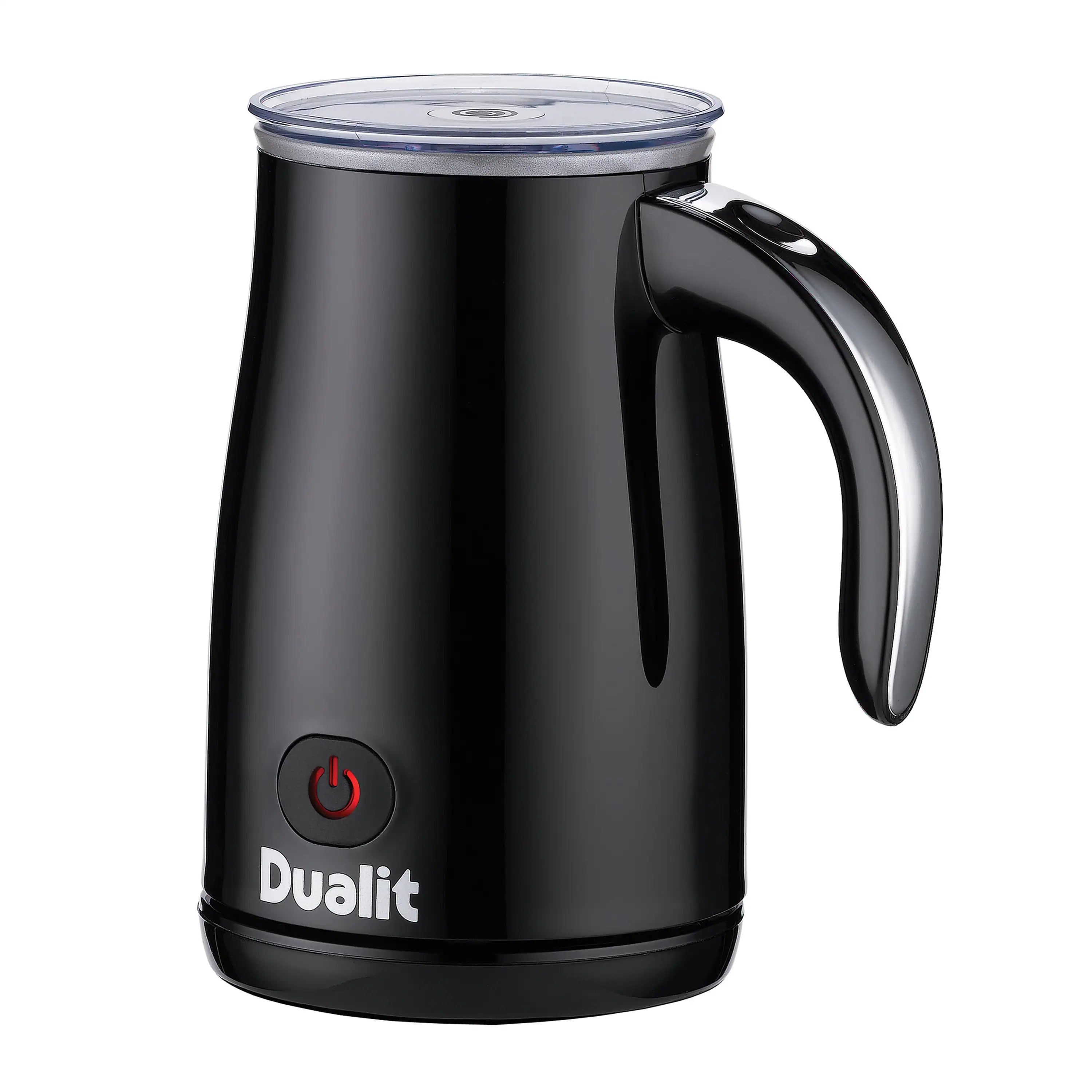 Black Dualit hot chocolate maker jug with curved handle and clear lid