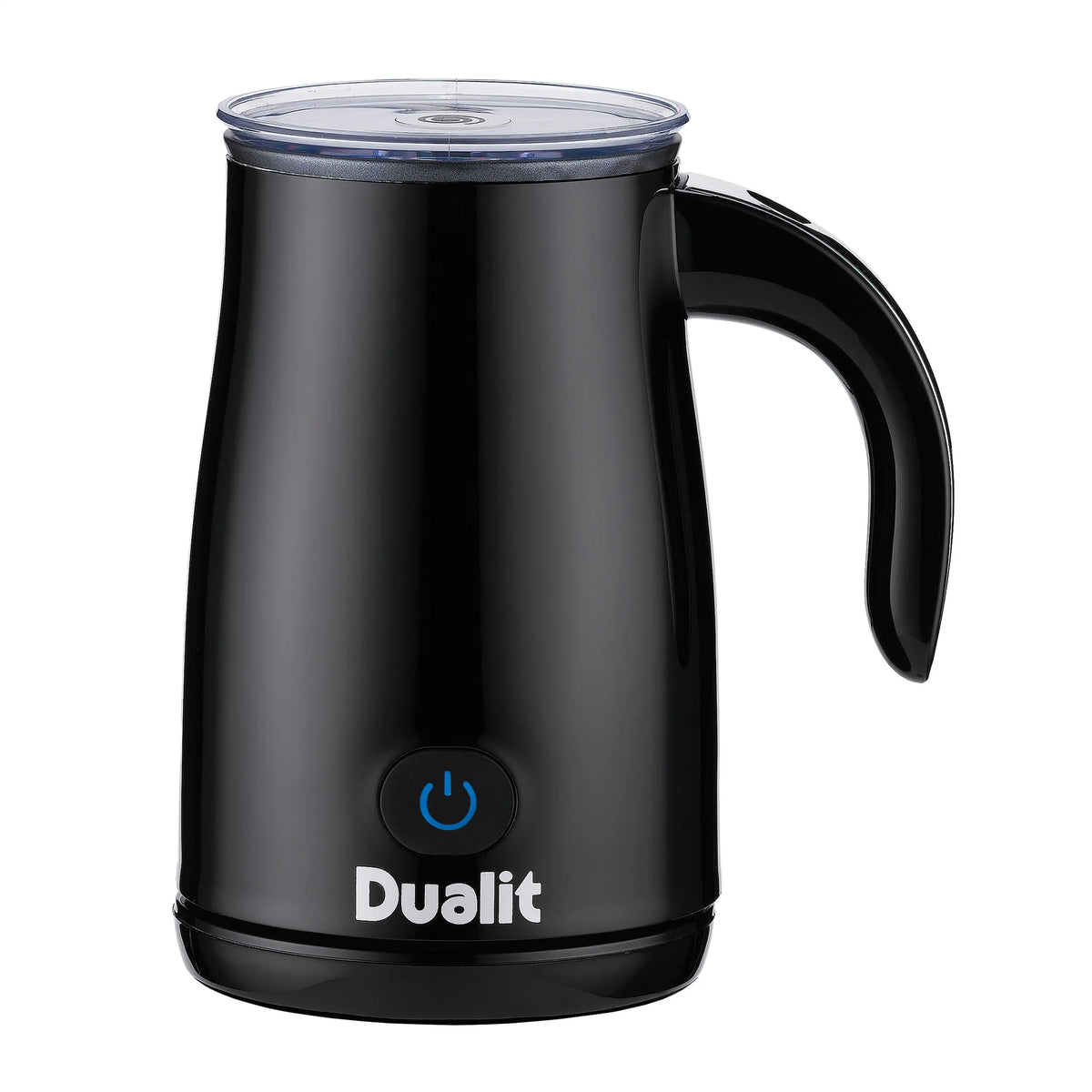 Black Dualit hot chocolate maker jug with power button on front
