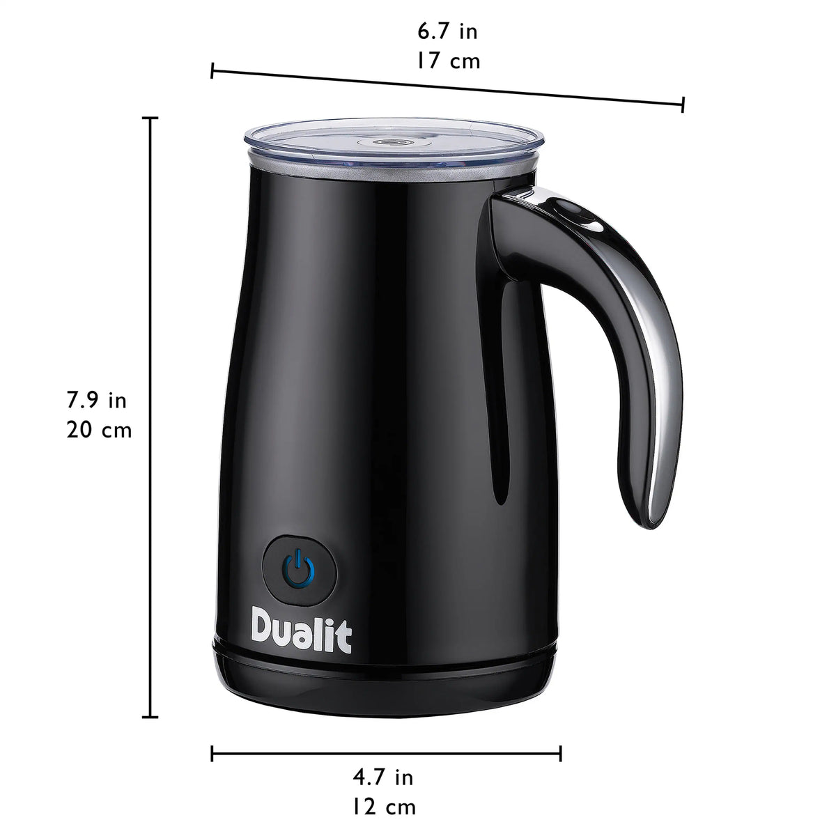 Black Dualit hot chocolate maker dimensions: 17 x 12 cm, clear lid, curved handle