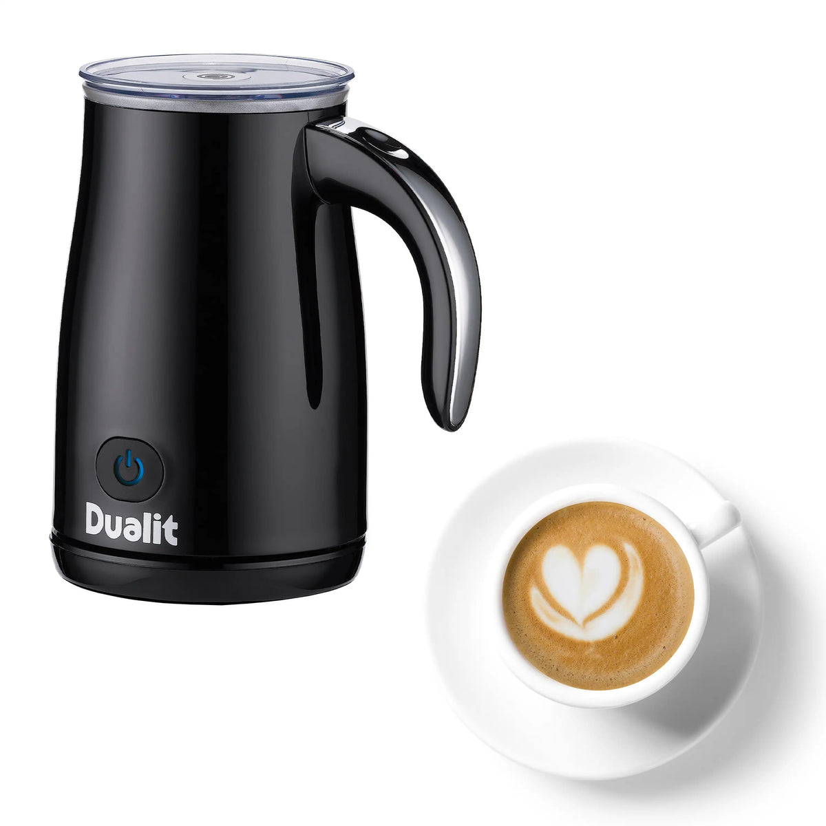 Black Dualit hot chocolate maker beside a cup with latte-art heart