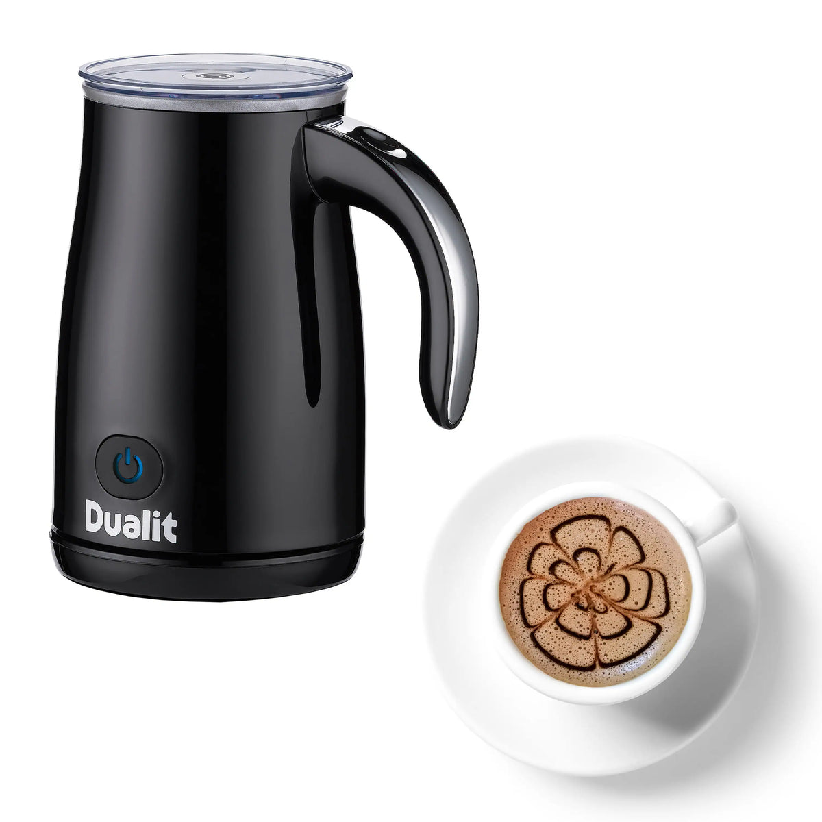 Black Dualit hot chocolate maker beside a cup with flower latte-art
