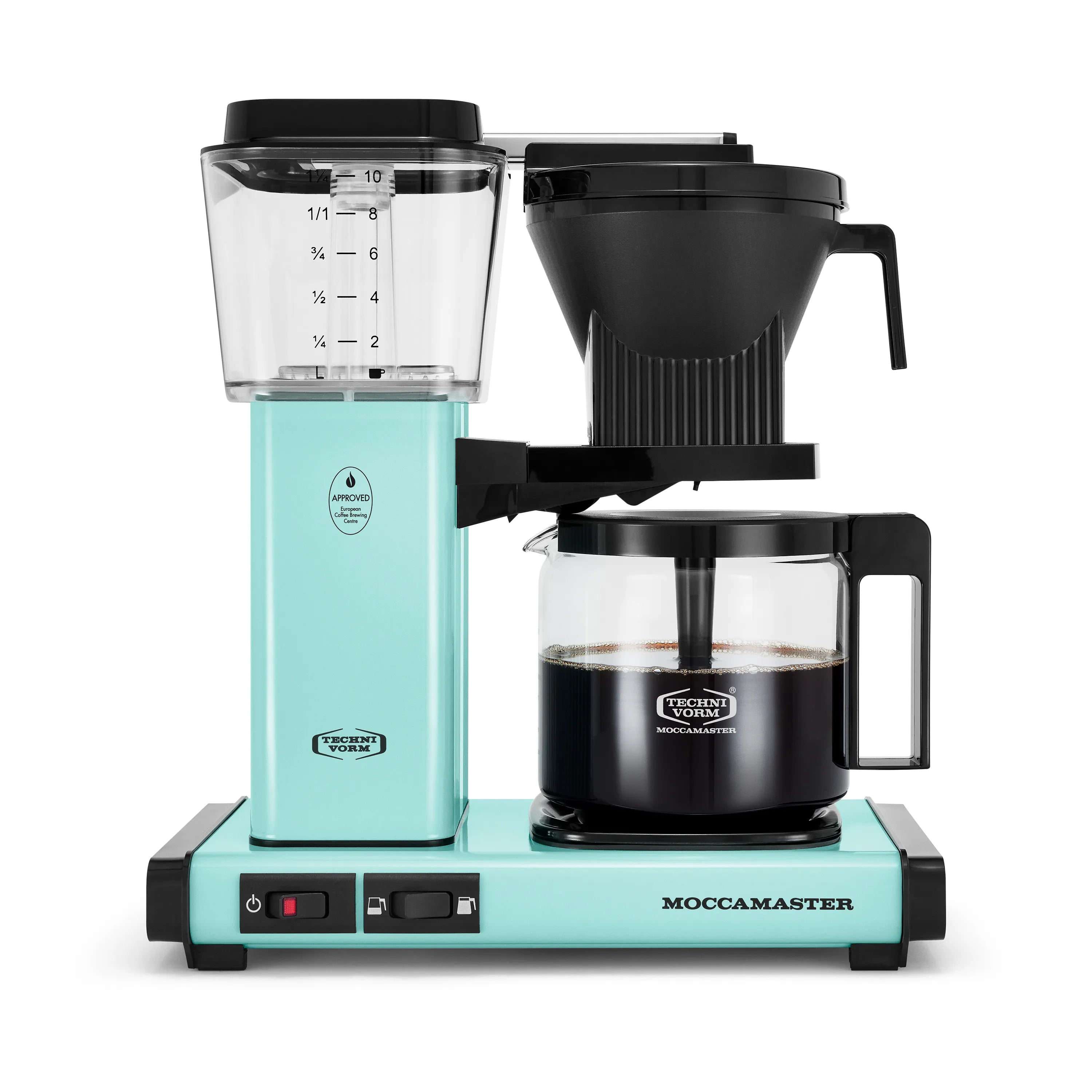 Turquoise drip coffee maker with glass carafe, black filter holder, front control panel